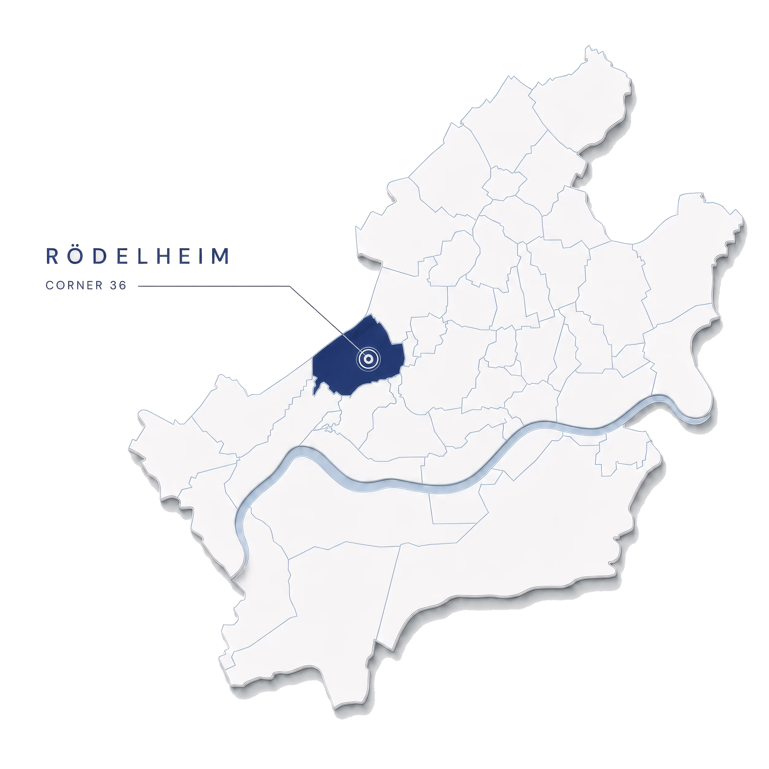 Reliefkarte der Frankfurter Stadtteile beiderseits des Mains; Rödelheim ist in Navy hervorgehoben und mit einem Punkt markiert. Die Beschriftung daneben lautet „RÖDELHEIM“ und darunter „CORNER 36“.