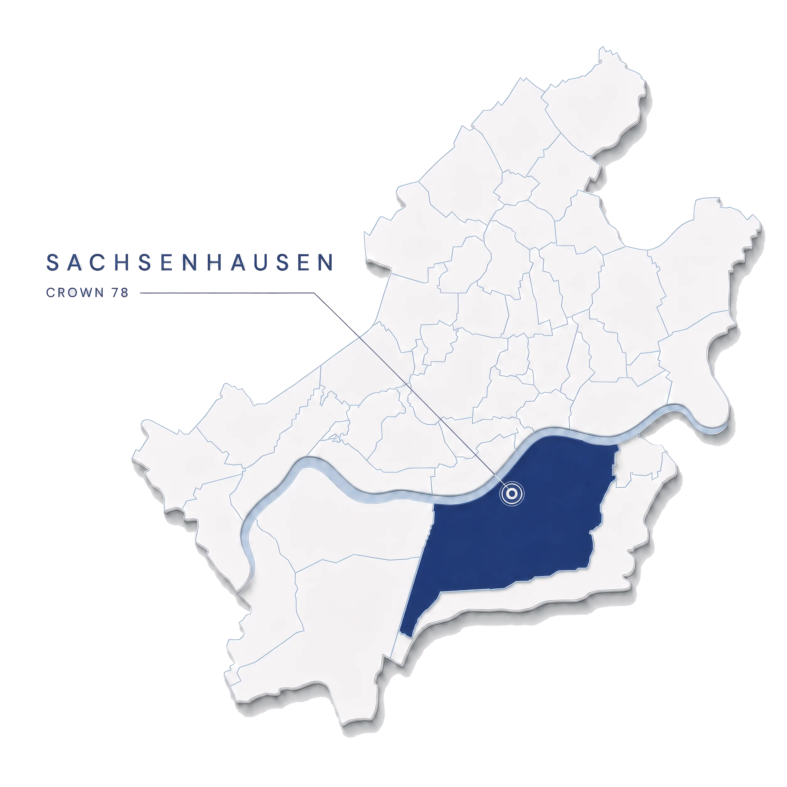 Reliefkarte der Frankfurter Stadtteile beiderseits des Mains; Sachsenhausen ist in Navy hervorgehoben und mit einem Punkt markiert. Die Beschriftung daneben lautet „SACHSENHAUSEN“ und darunter „CROWN 78“.