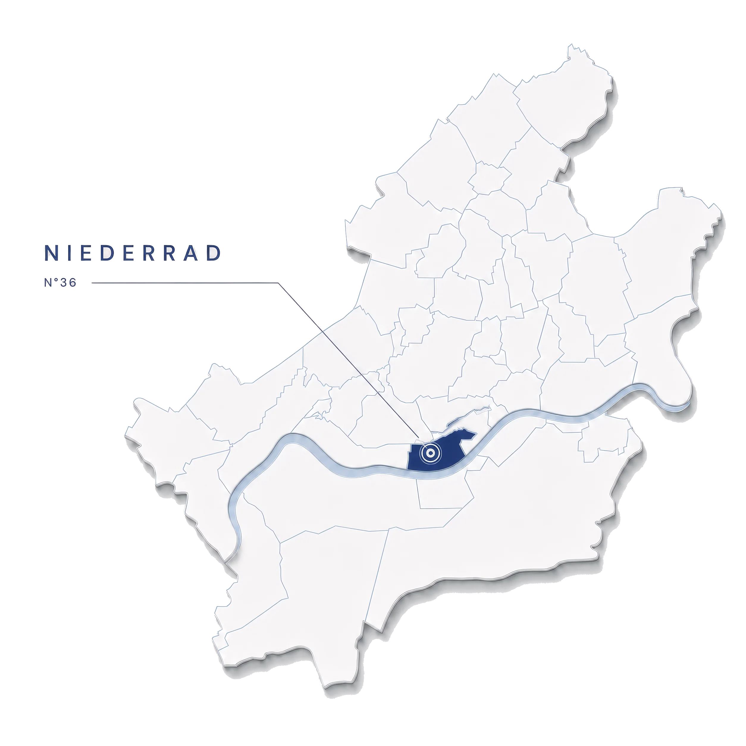Reliefkarte der Frankfurter Stadtteile beiderseits des Mains; Niederrad ist in Navy hervorgehoben und mit einem Punkt markiert. Die Beschriftung daneben lautet „NIEDERRAD“ und darunter „N°36“.