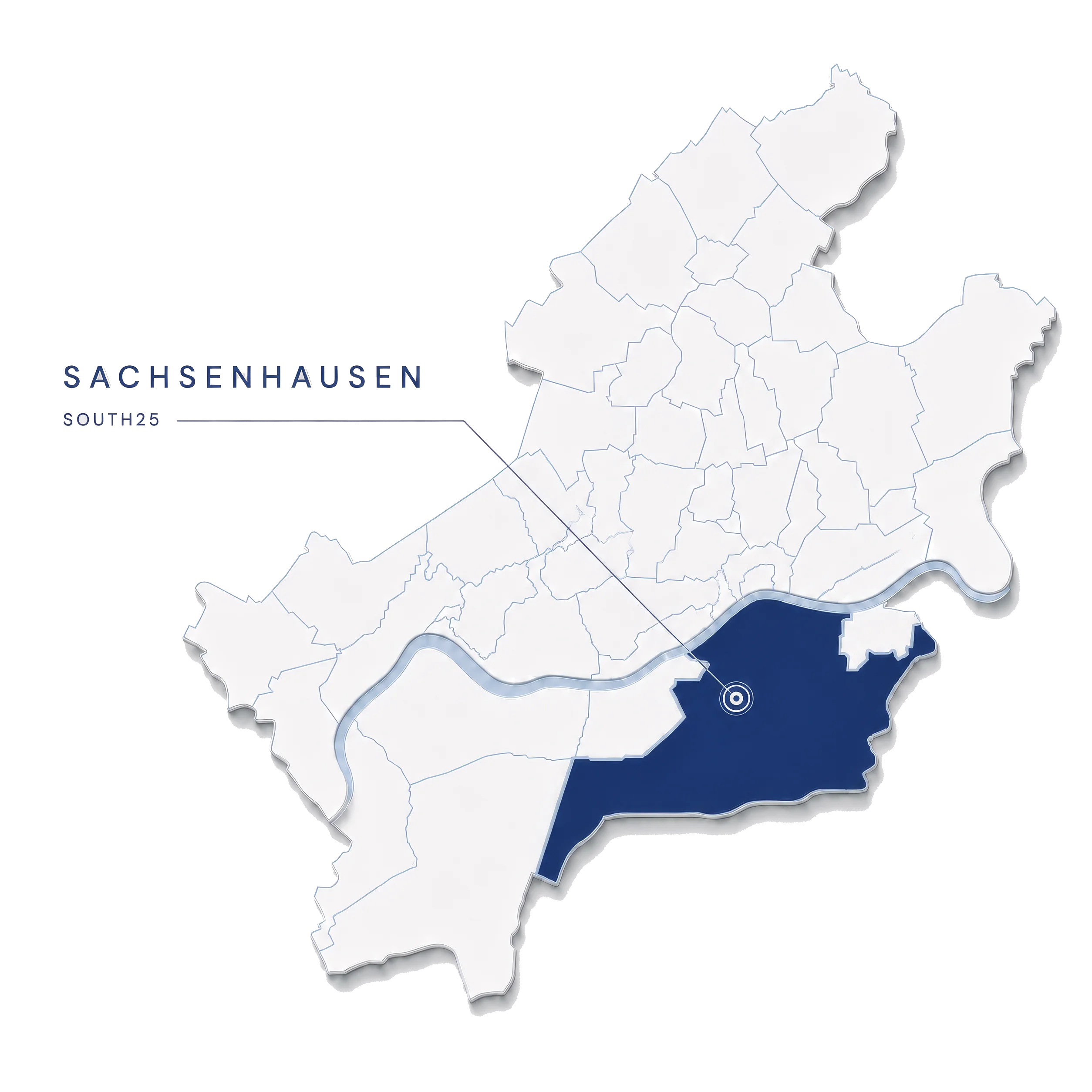 Reliefkarte der Frankfurter Stadtteile beiderseits des Mains; Sachsenhausen ist in Navy hervorgehoben und mit einem Punkt markiert. Die Beschriftung daneben lautet „SACHSENHAUSEN“ und darunter „SOUTH25“.