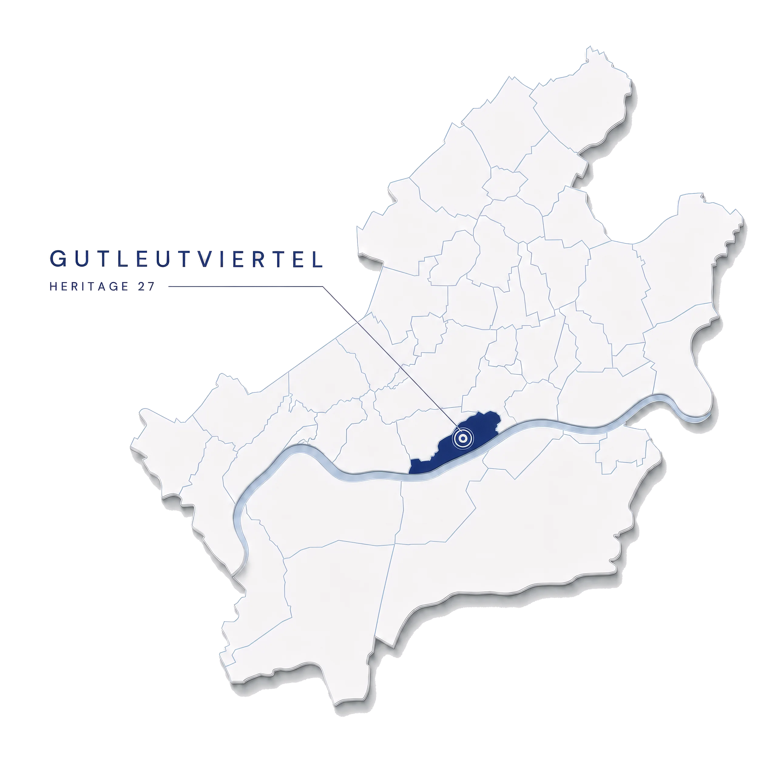 Reliefkarte der Frankfurter Stadtteile beiderseits des Mains; Gutleutviertel ist in Navy hervorgehoben und mit einem Punkt markiert. Die Beschriftung daneben lautet „GUTLEUTVIERTEL“ und darunter „HERITAGE 27“.