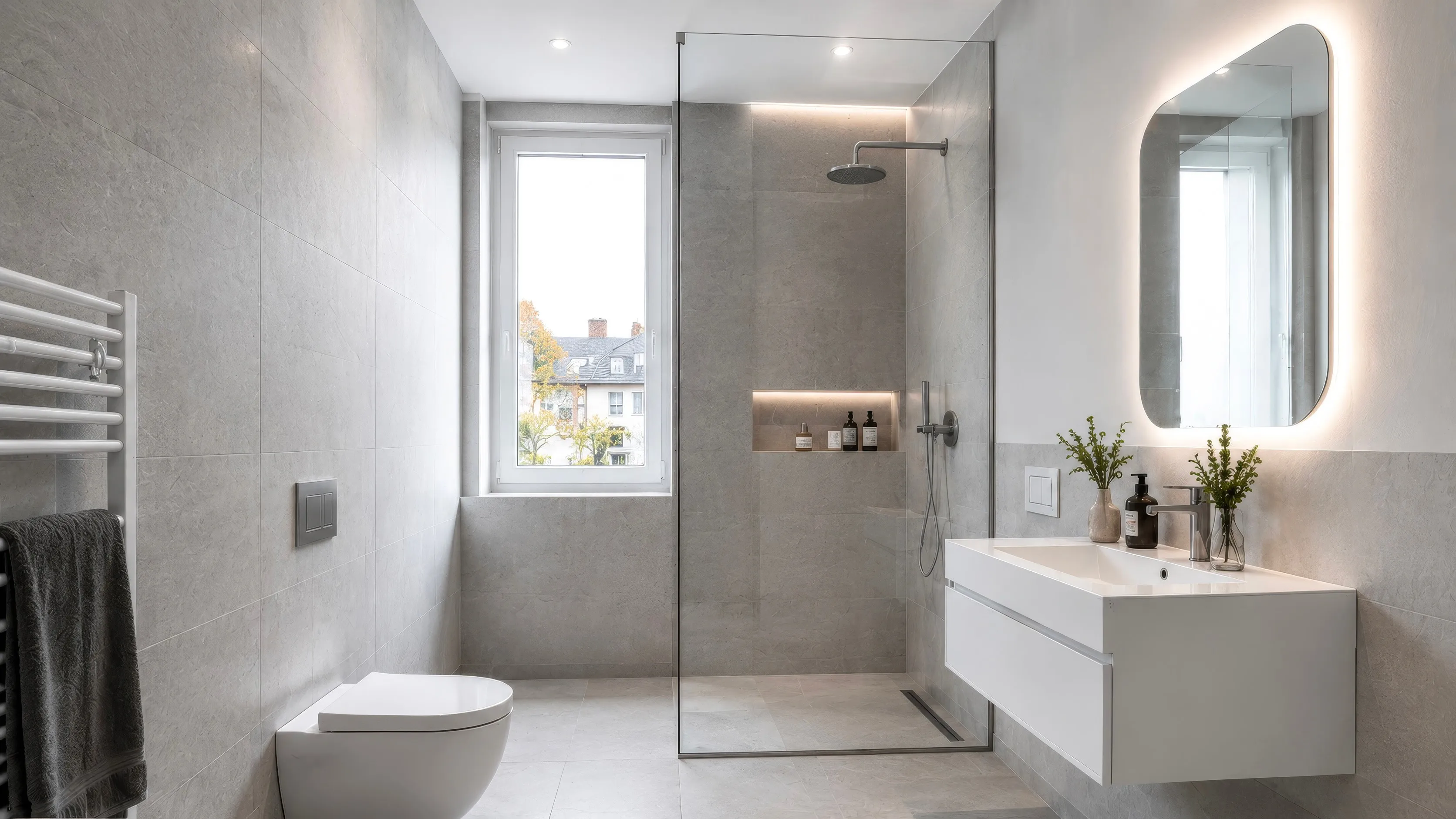 Badezimmer im Projekt HERITAGE 27: graue Großformatfliesen, bodengleiche Dusche hinter einer Glasabtrennung mit Regenbrause und beleuchteter Wandnische, daneben ein Fenster; links ein Handtuchheizkörper mit dunklem Handtuch und ein wandhängendes WC, rechts ein wandhängender Waschtisch mit ovalem beleuchtetem Spiegel.