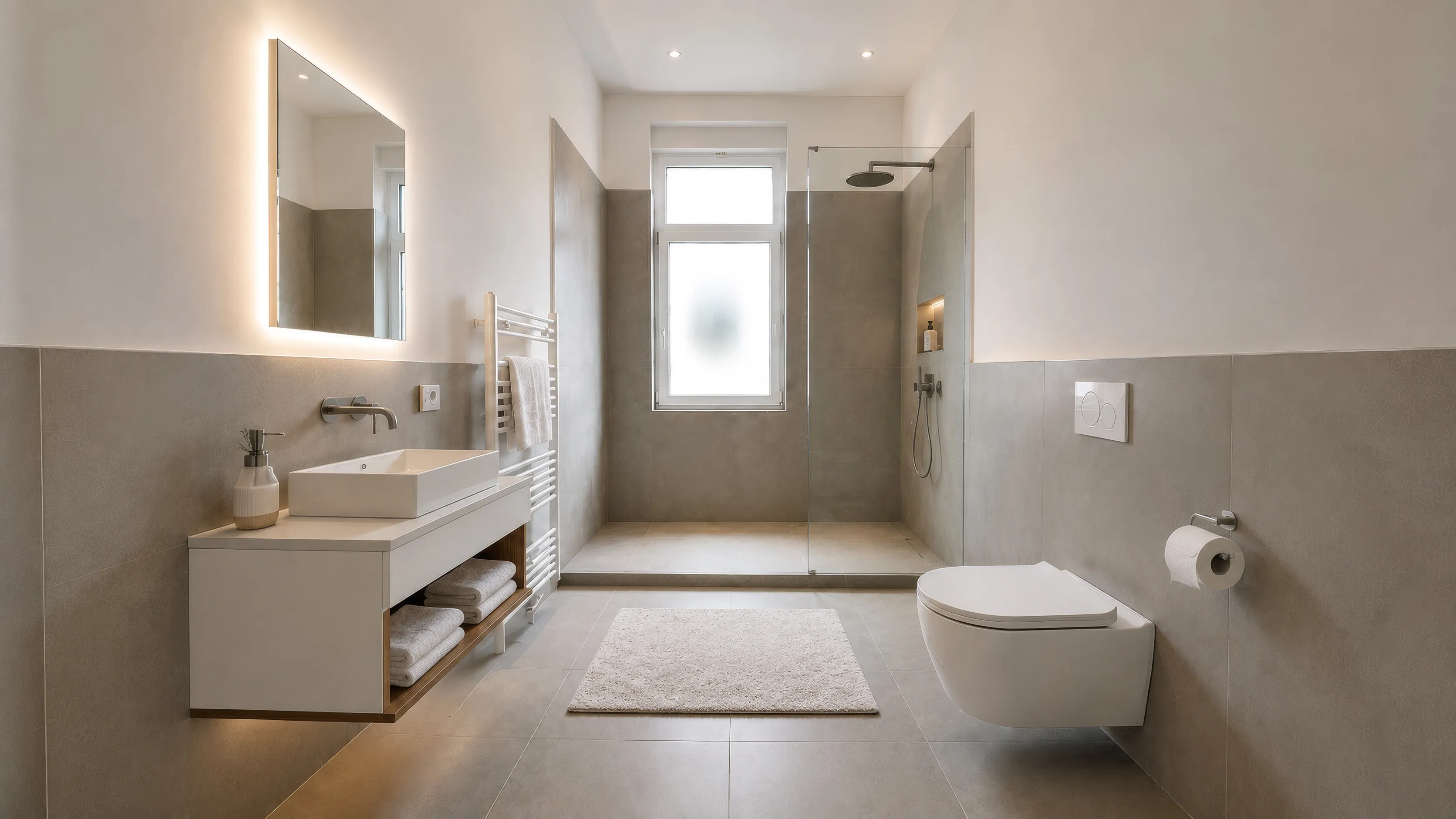 Badezimmer im Projekt WEST 27: graue Großformatfliesen im unteren Wandbereich, wandhängender Waschtisch mit Aufsatzbecken, beleuchtetem Spiegel und offener Ablage mit gefalteten Handtüchern, daneben ein Handtuchheizkörper; am Ende eine bodengleiche Dusche mit Regenbrause vor einem Fenster mit Milchglas, rechts ein wandhängendes WC, davor eine helle Badematte.