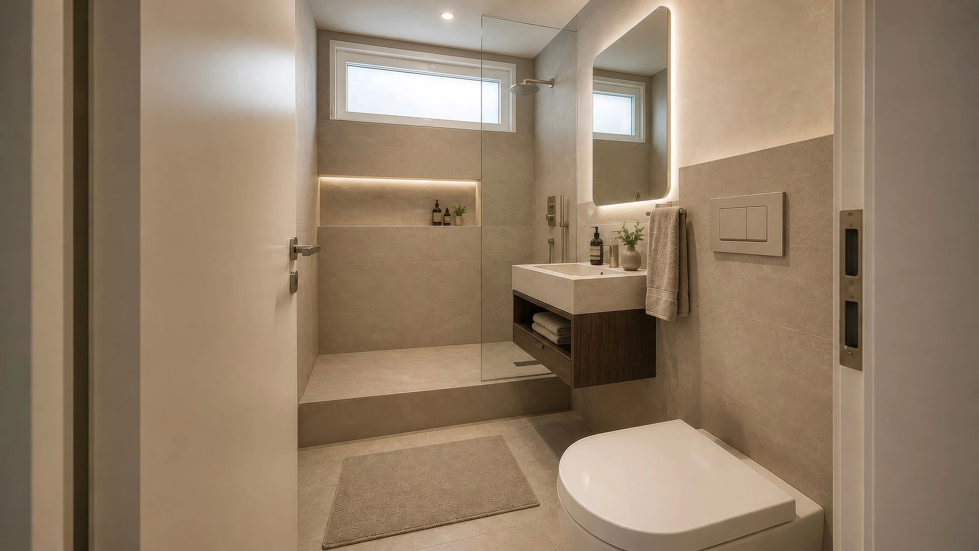 Badezimmer im Projekt SOUTH25: beigefarbene Großformatfliesen, bodengleiche Dusche hinter einer Glasabtrennung mit Regenbrause und beleuchteter Wandnische unter einem hohen schmalen Fenster; rechts ein wandhängender Waschtisch aus dunklem Holz mit beleuchtetem Spiegel und Handtuch, davor ein wandhängendes WC und eine helle Badematte.