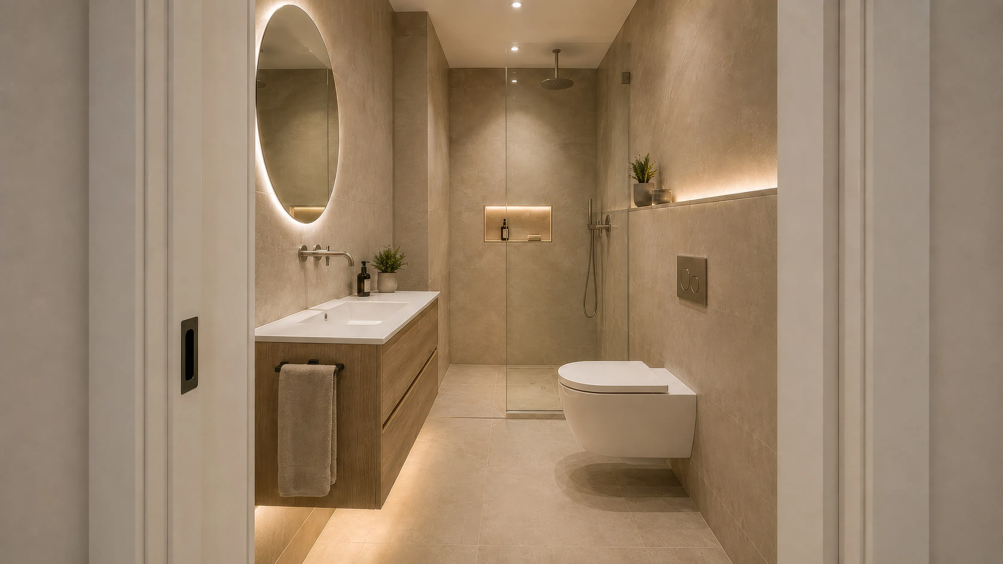 Badezimmer im Projekt N°36: beigefarbene Großformatfliesen, wandhängender Waschtisch aus Holz mit ovalem beleuchtetem Spiegel und Handtuch, daneben ein wandhängendes WC; rechts eine bodengleiche Dusche mit Regenbrause und beleuchteter Wandnische, kleine Zimmerpflanzen auf den Ablagen.