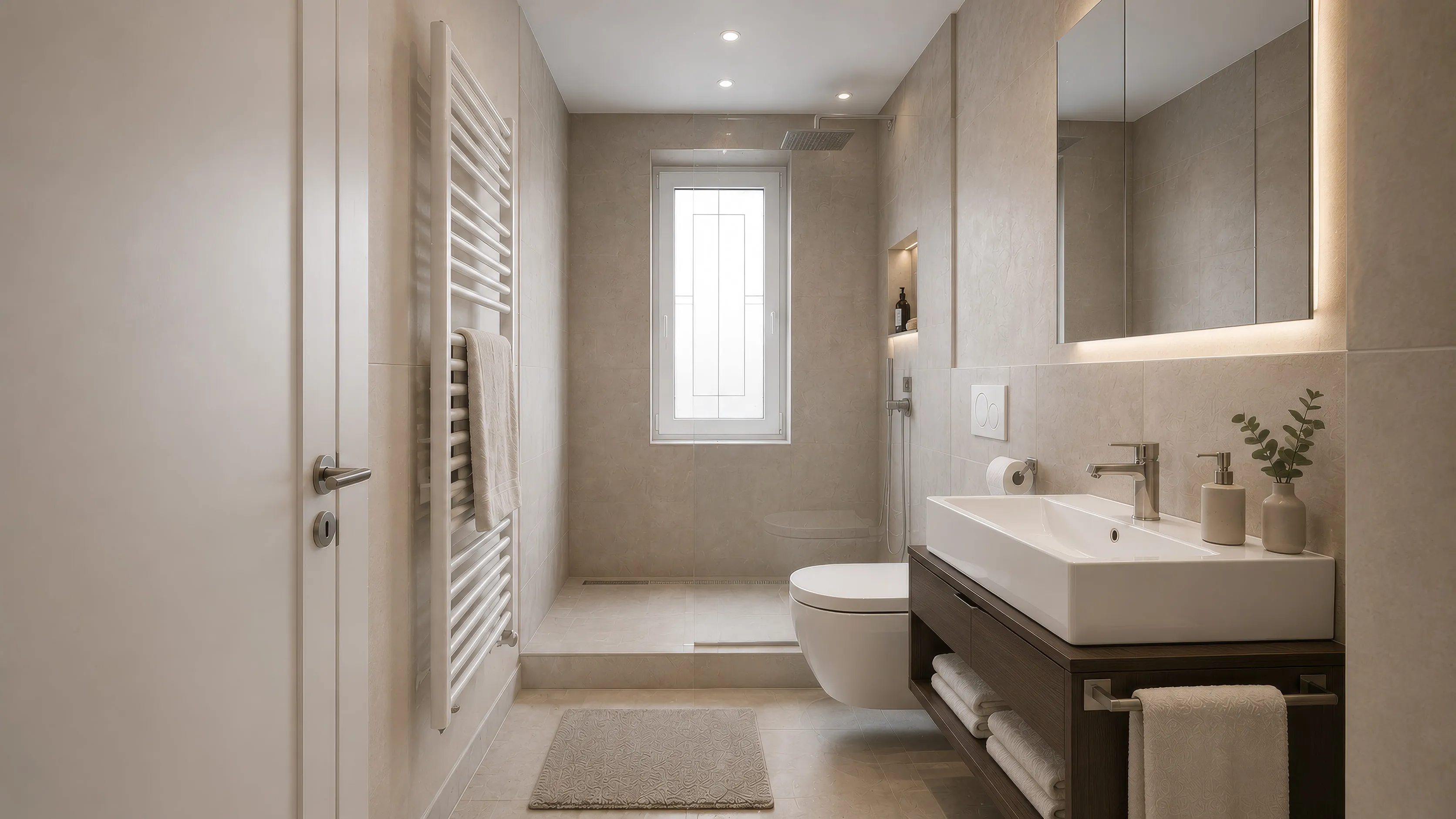 Badezimmer im Projekt ENSEMBLE 27: beigefarbene Großformatfliesen, links neben der Tür ein weißer Handtuchheizkörper; am Ende eine bodengleiche Dusche mit Regenbrause vor einem schmalen Fenster, rechts ein wandhängendes WC und ein Waschtisch aus dunklem Holz mit beleuchtetem Spiegel und gefalteten Handtüchern, davor eine helle Badematte.