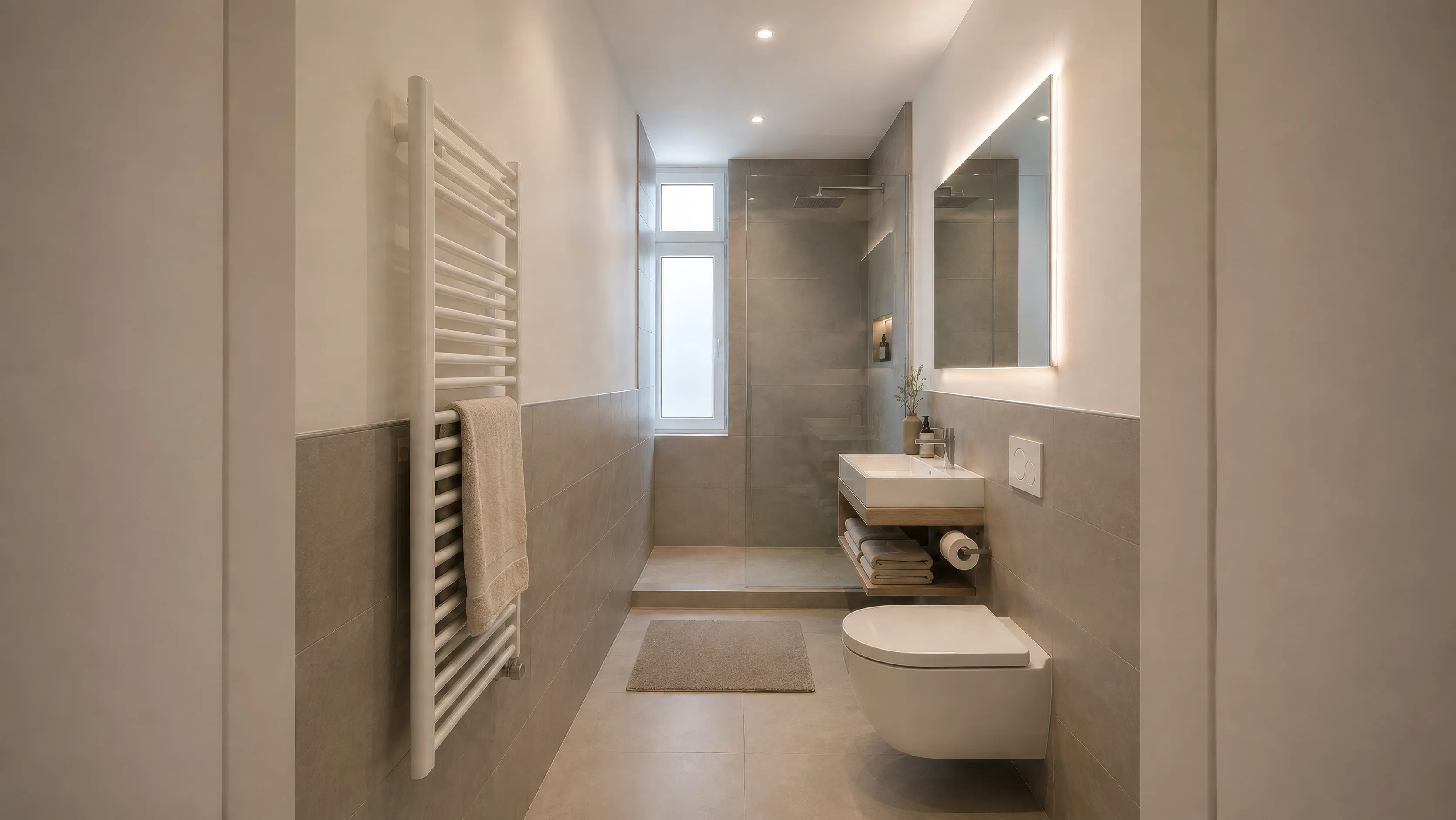 Badezimmer einer Wohnung im Projekt CORNER 36: schmaler Raum mit graubeigen Großformatfliesen im unteren Wandbereich, darüber weißer Putz; am Ende eine bodengleiche Dusche mit Regenbrause vor einem hohen schmalen Fenster, rechts ein wandhängender Waschtisch mit beleuchtetem Spiegel, offener Ablage mit gefalteten Handtüchern und wandhängendem WC; links ein weißer Handtuchheizkörper mit Handtuch, davor eine helle Badematte.