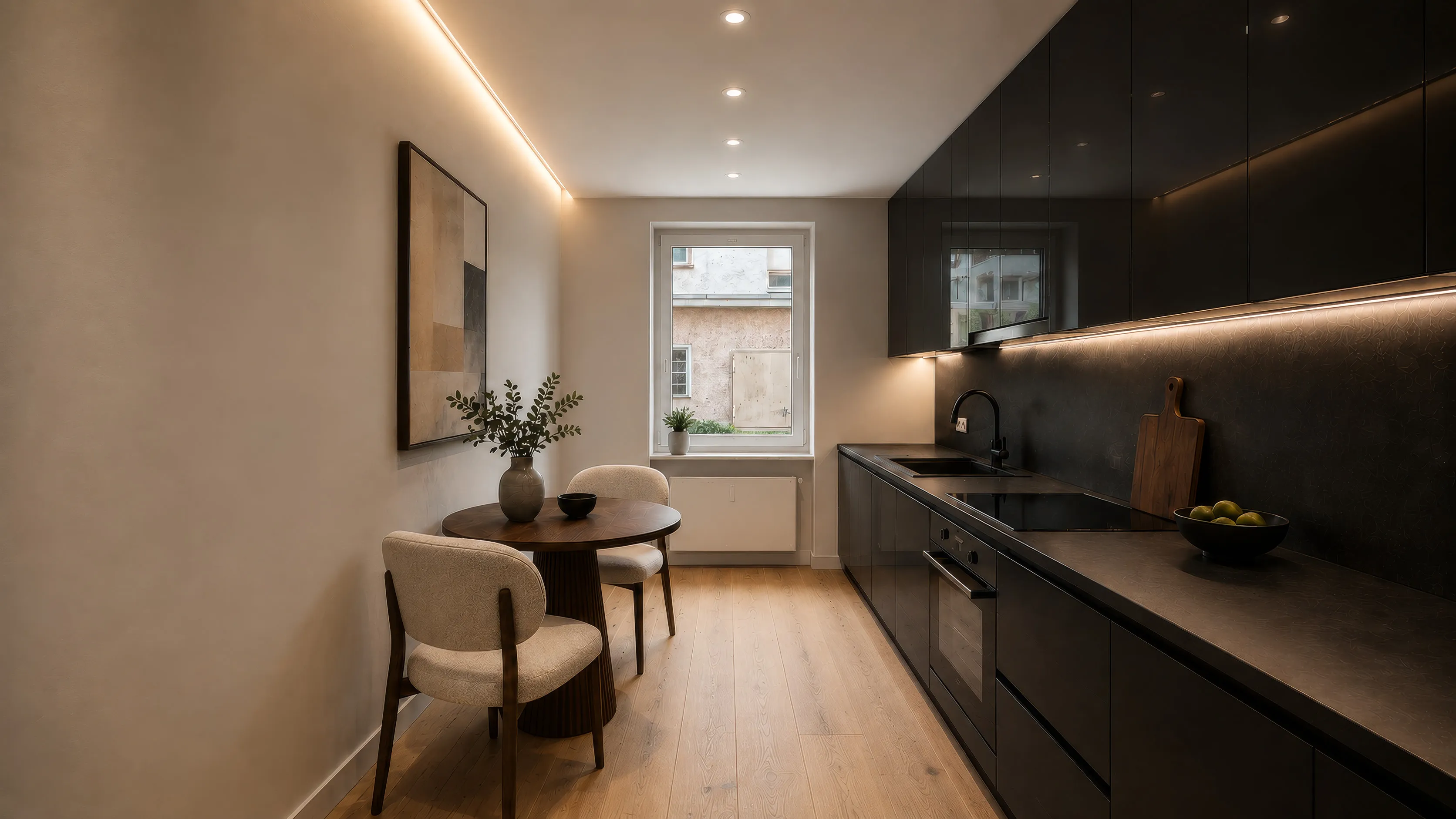 Küche einer Wohnung im Projekt BACKYARD 24: dunkle grifflose Zeile mit dunkler Rückwand, indirektem Licht unter den Oberschränken, schwarzer Armatur, Kochfeld und eingebautem Backofen; links ein runder Esstisch aus dunklem Holz mit zwei hellen Polsterstühlen unter einem gerahmten Bild, dazwischen ein Fenster mit Blick auf das Nachbarhaus, Dielenboden in Eichenoptik.