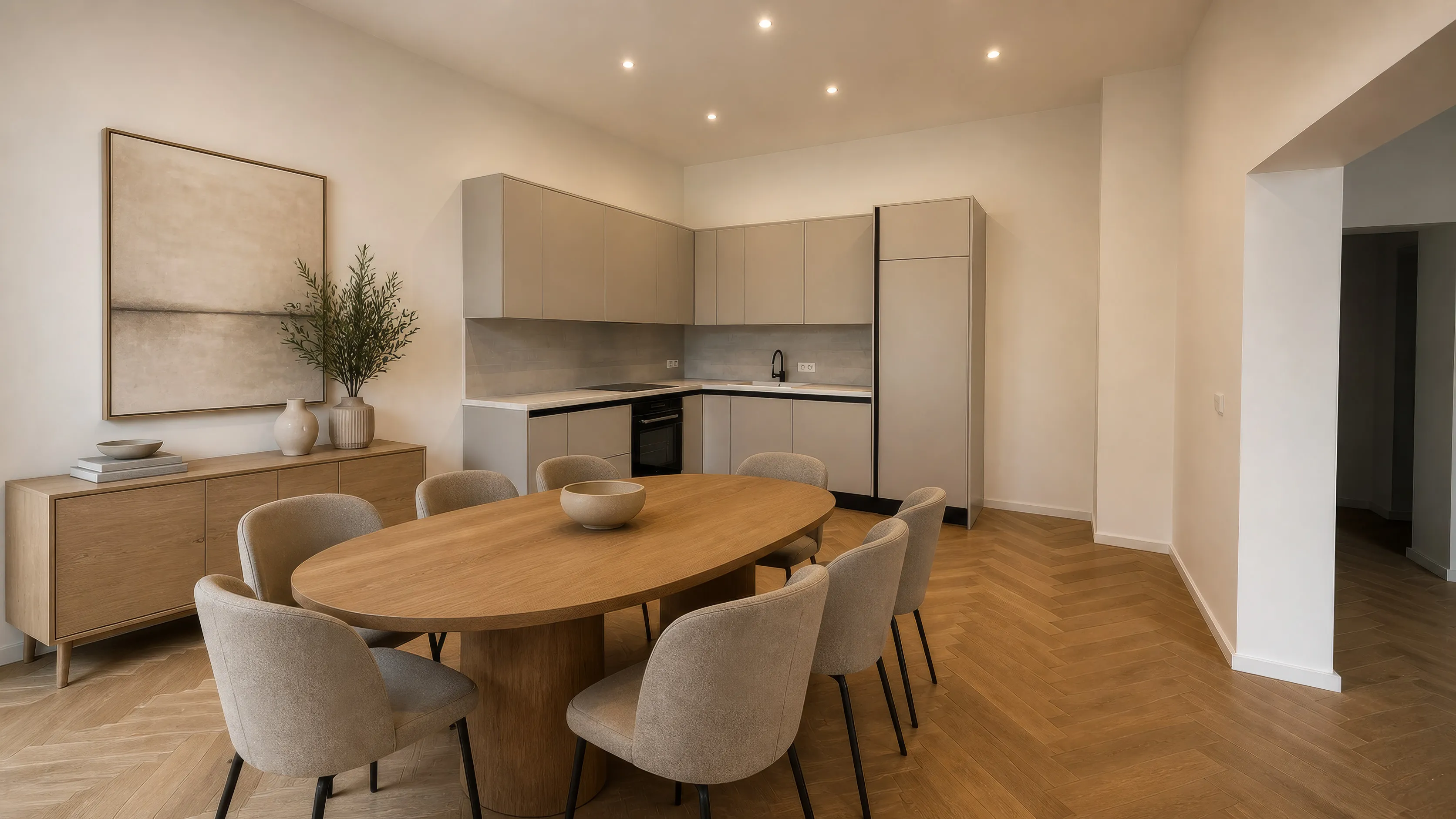 Küche einer Wohnung im Projekt WEST 27: helle grifflose Zeile über Eck mit Kochfeld, Backofen und hohem Schrankelement; im Vordergrund ein ovaler Esstisch aus hellem Holz mit sechs Polsterstühlen, links ein helles Sideboard mit großformatigem Bild darüber, rechts der offene Durchgang, Fischgrätparkett.
