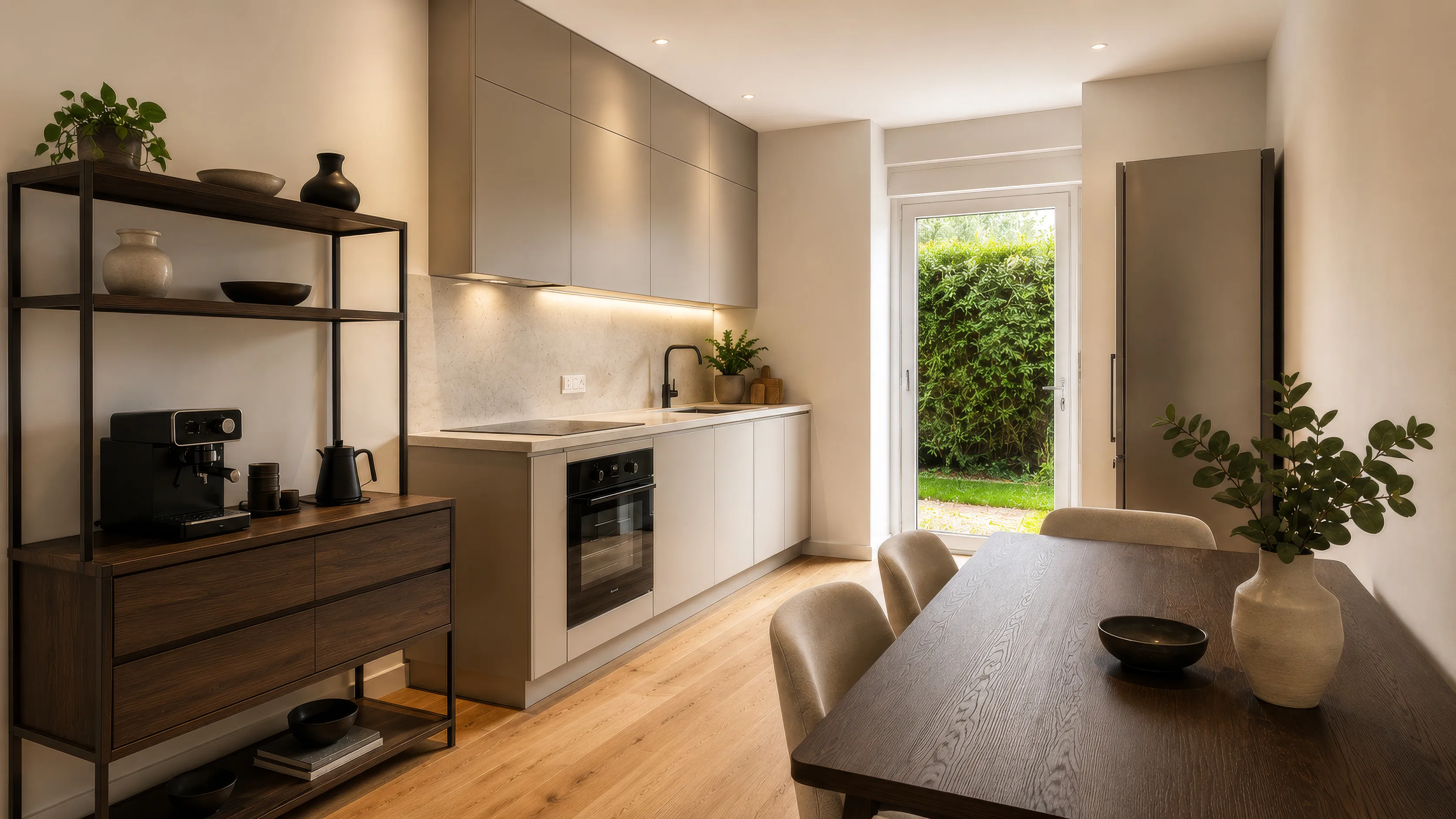 Küche einer Wohnung im Projekt HERITAGE 27: helle grifflose Zeile mit indirektem Licht unter den Oberschränken, schwarzer Armatur, Kochfeld und eingebautem Backofen; links ein dunkles Regal mit Kaffeemaschine und Geschirr, rechts eine Terrassentür ins Grüne, davor ein Esstisch aus dunklem Holz mit hellen Polsterstühlen.