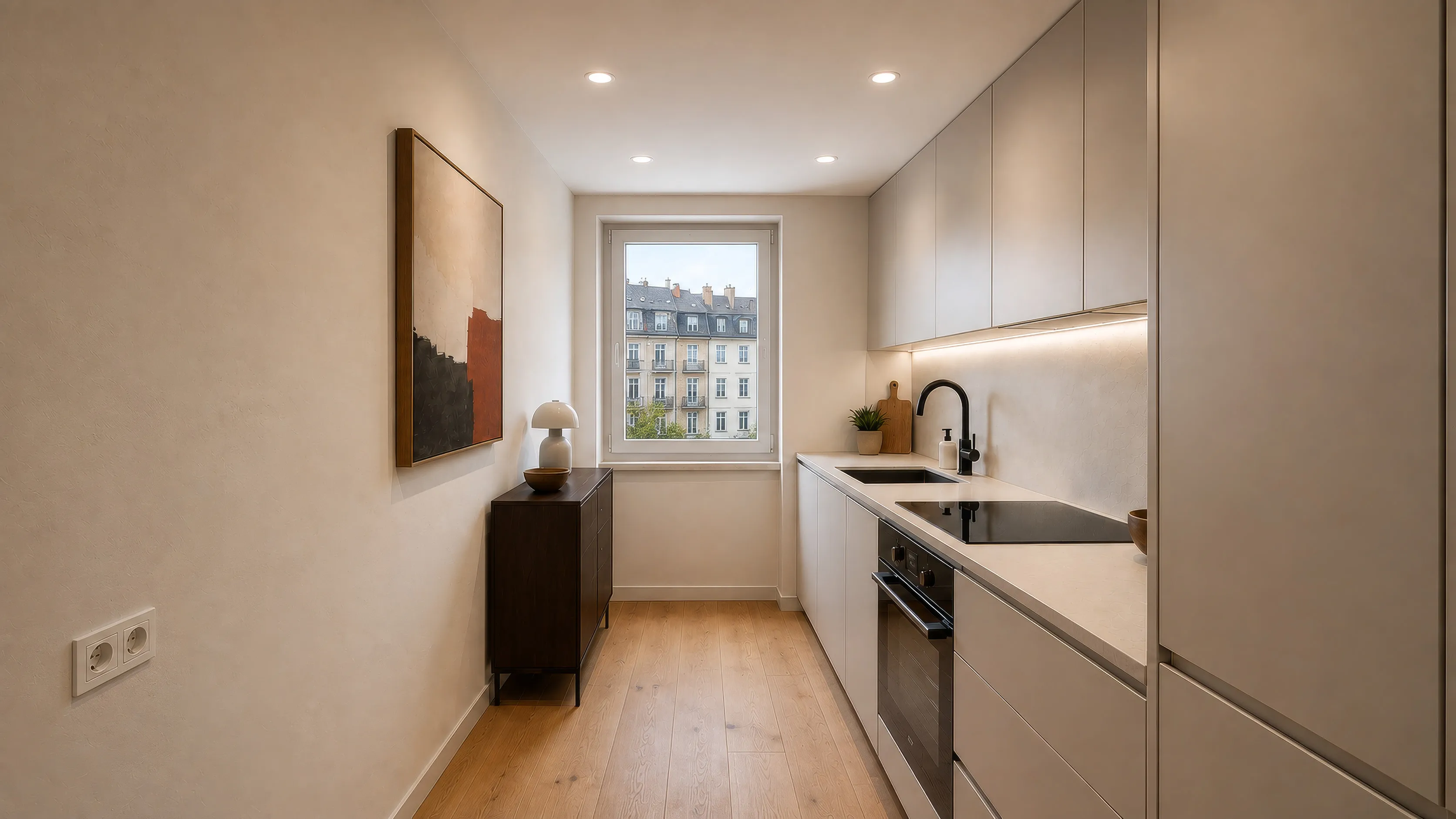 Küche einer Wohnung im Projekt GREEN FOUR: schmaler Raum mit heller griffloser Zeile an der rechten Wand, indirektem Licht unter den Oberschränken, schwarzer Armatur, Kochfeld und eingebautem Backofen; links ein dunkles Sideboard mit Tischleuchte unter einem großformatigen Bild, am Ende des Raums ein Fenster mit Blick auf die Nachbarhäuser.