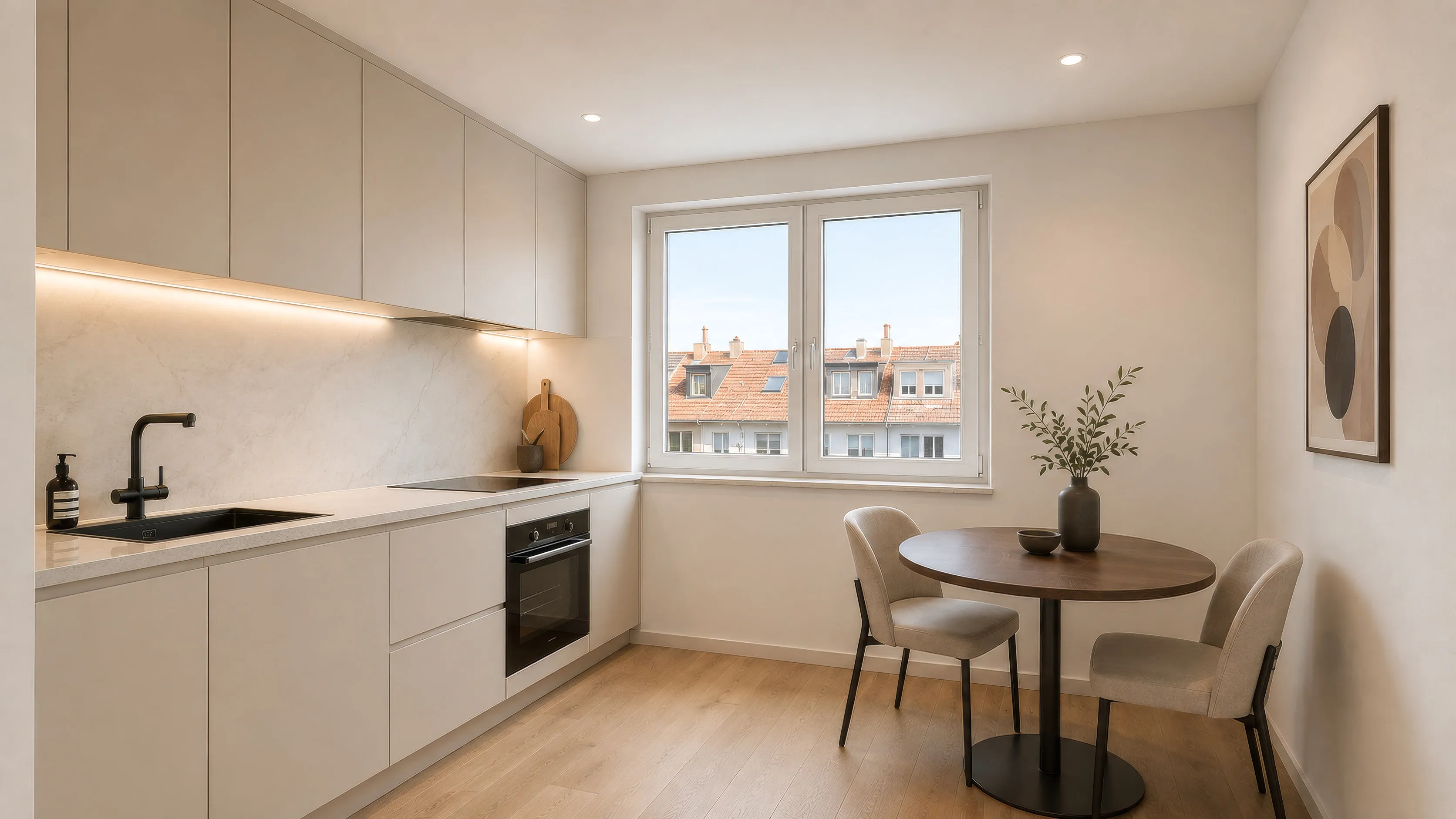 Küche einer Wohnung im Projekt ENSEMBLE 27: helle grifflose Zeile über Eck mit indirektem Licht unter den Oberschränken, schwarzer Armatur, Kochfeld und eingebautem Backofen; rechts ein runder Esstisch aus dunklem Holz mit zwei Polsterstühlen unter einem gerahmten Bild, am Fenster der Blick über die Dächer.
