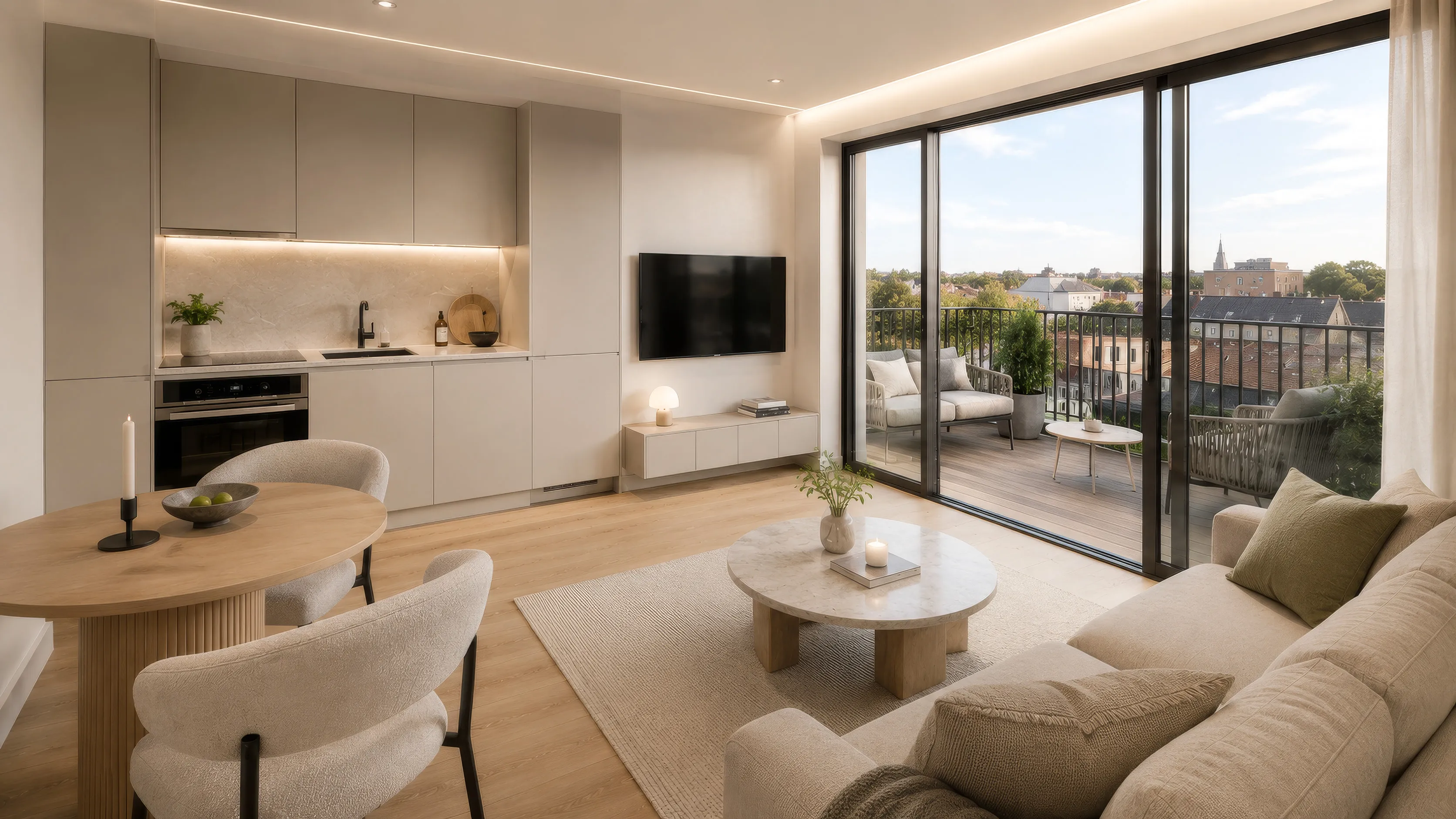 Wohn- und Essbereich einer Neubauwohnung im Projekt ENSEMBLE 27: helle Küchenzeile mit eingebautem Backofen und indirektem Licht, davor ein runder Esstisch mit Polsterstühlen; rechts ein helles Sofa mit rundem Couchtisch, gegenüber ein Lowboard mit Fernseher, im Hintergrund eine bodentiefe Schiebetür auf den Balkon mit Blick über die Dächer.