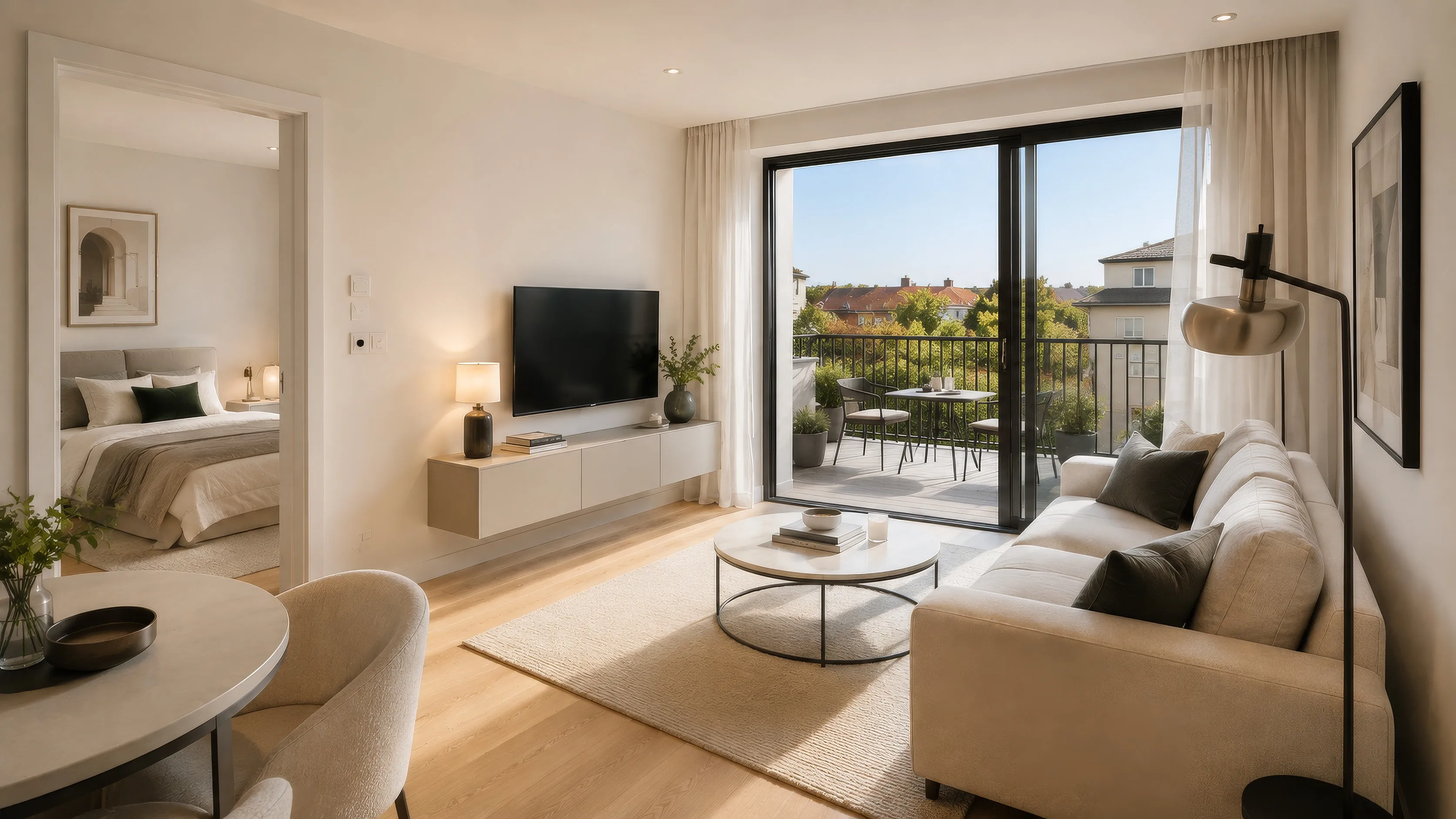Wohnzimmer einer Neubauwohnung im Projekt ENSEMBLE 27: helles Ecksofa mit rundem Couchtisch, gegenüber ein Lowboard mit Fernseher, links der offene Durchgang ins Schlafzimmer; rechts eine bodentiefe Fenstertür auf den Balkon mit Tisch und Stühlen, daneben eine schwarze Stehleuchte, Dielenboden in Eichenoptik.