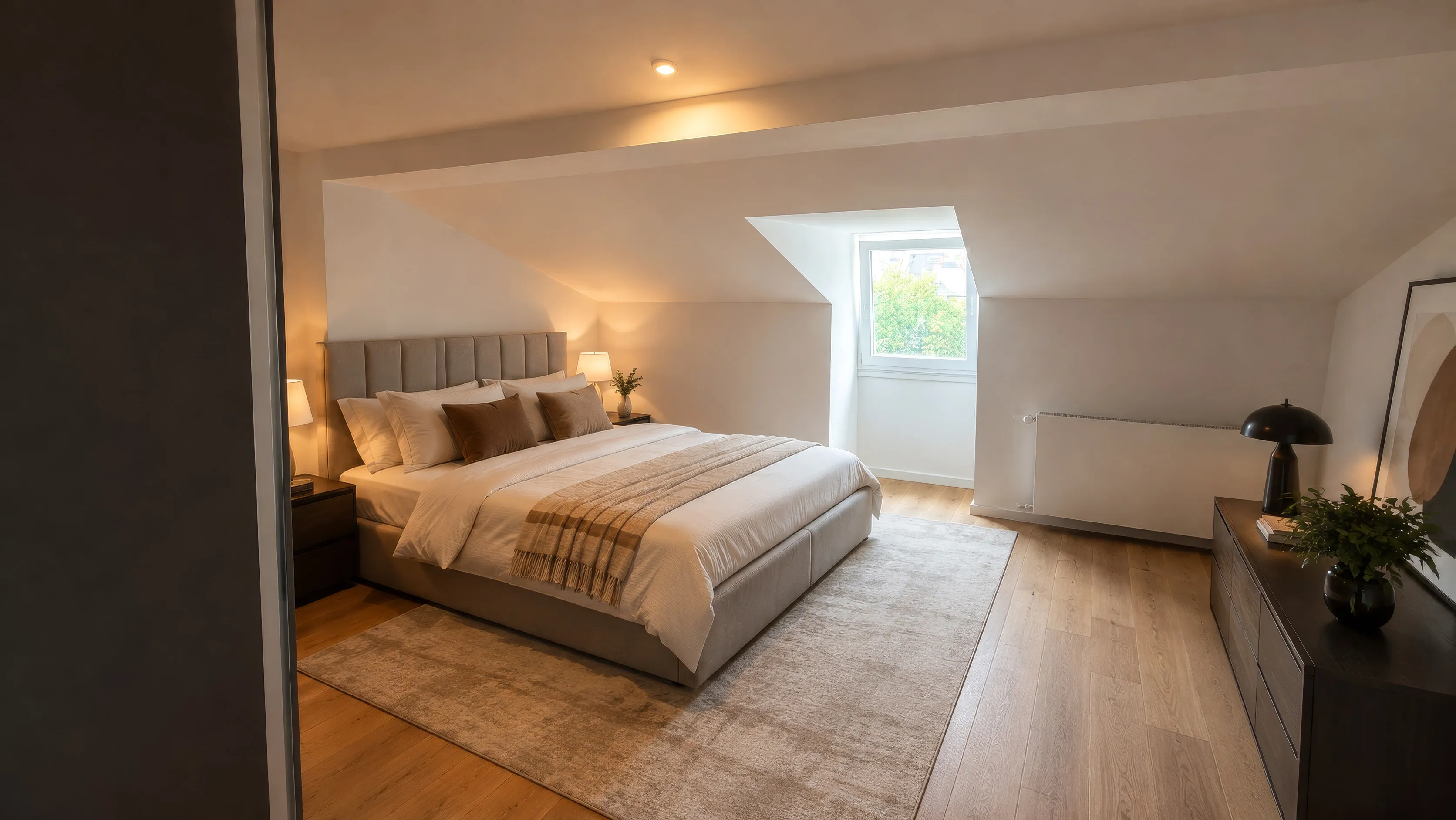 Schlafzimmer im Projekt WEST 27 unter der Dachschräge: Doppelbett mit hellem Polsterkopfteil und beiger Decke unter einem Dachflächenfenster, zwei Nachttische mit Tischleuchten; rechts eine dunkle Kommode mit Tischleuchte und Zimmerpflanze, heller Teppich auf Dielenboden.