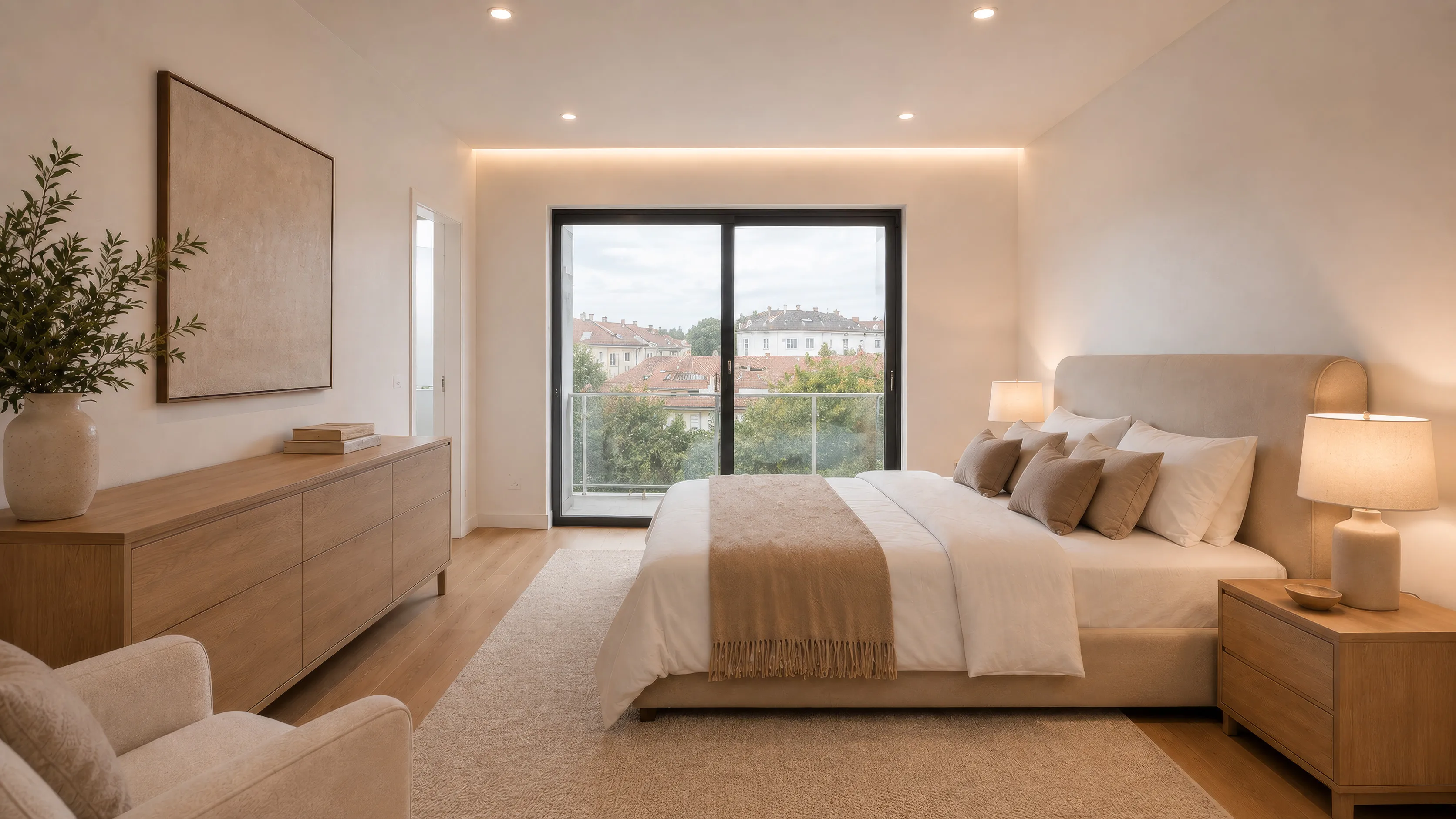 Schlafzimmer im Projekt SOUTH25: Doppelbett mit hellem Polsterkopfteil, Kissen in Creme und beiger Decke, rechts ein Nachttisch mit Tischleuchte; links eine lange helle Kommode mit großformatigem Bild darüber, dahinter eine bodentiefe Fenstertür auf den Balkon mit Blick über die Dächer, heller Teppich auf Dielenboden.