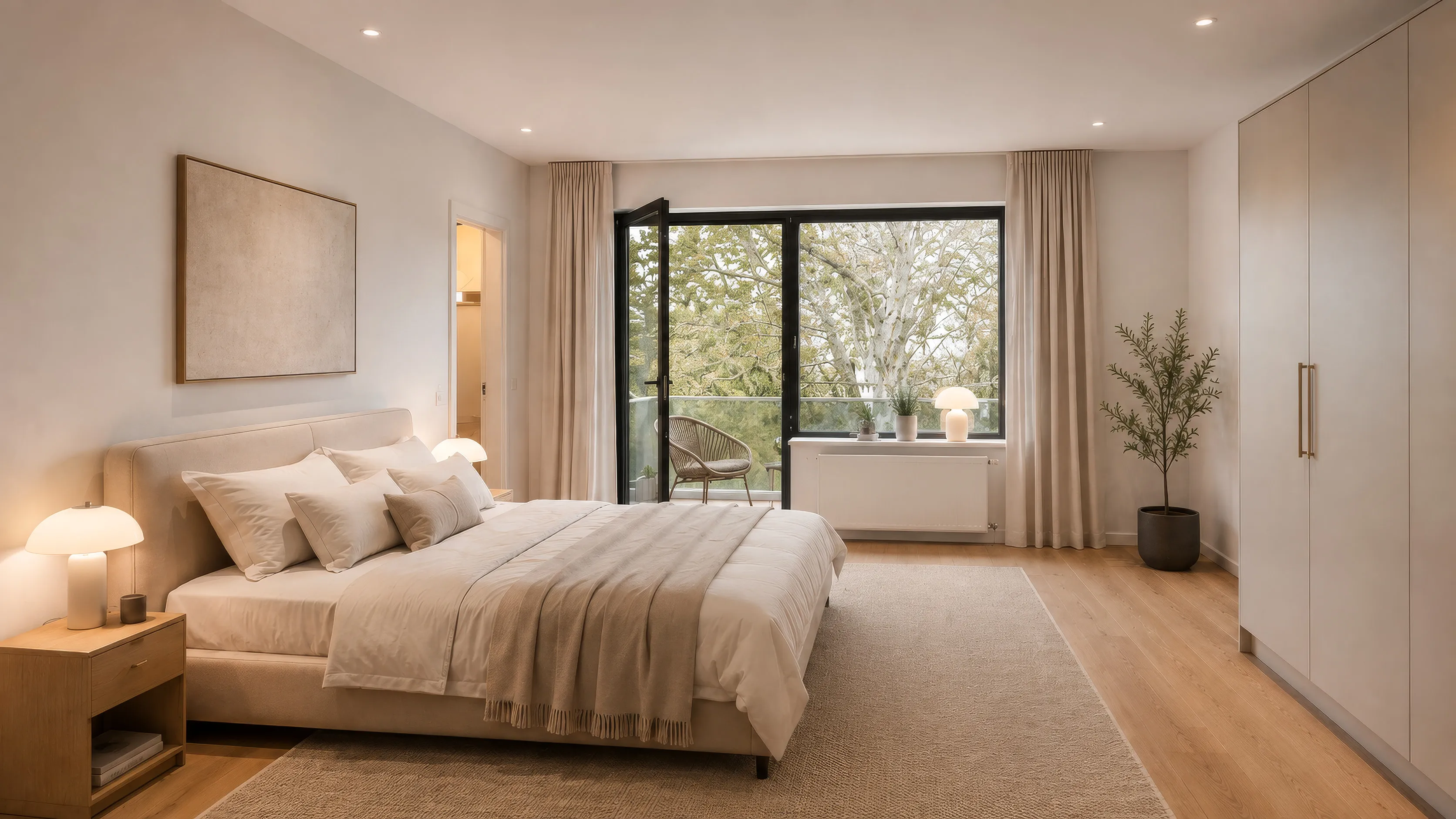 Schlafzimmer im Projekt SOUTH25: Doppelbett mit hellem Kopfteil und beiger Decke, links ein Nachttisch mit runder Tischleuchte und ein großformatiges Bild an der Wand; rechts ein hoher Einbauschrank und ein Olivenbäumchen im Topf, dazwischen eine bodentiefe Fenstertür auf den Balkon ins Grüne, heller Teppich auf Dielenboden.