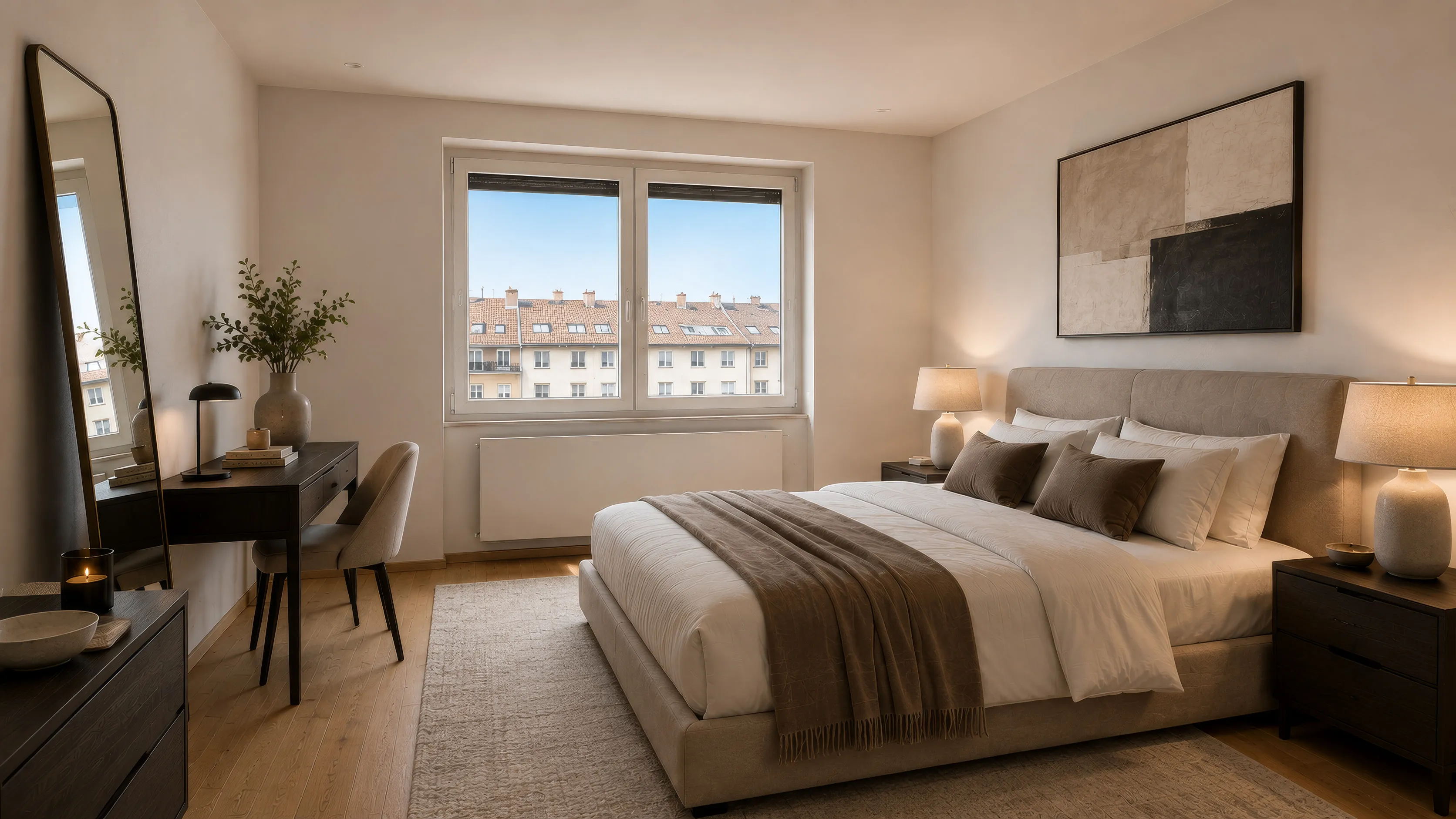 Schlafzimmer im Projekt ENSEMBLE 27: Doppelbett mit hellem Kopfteil und brauner Decke unter einem großformatigen Bild, zwei Nachttische mit Tischleuchten; links ein hoher Standspiegel und ein dunkler Schreibtisch mit Stuhl, am Fenster der Blick über die Dächer, heller Teppich auf Dielenboden.