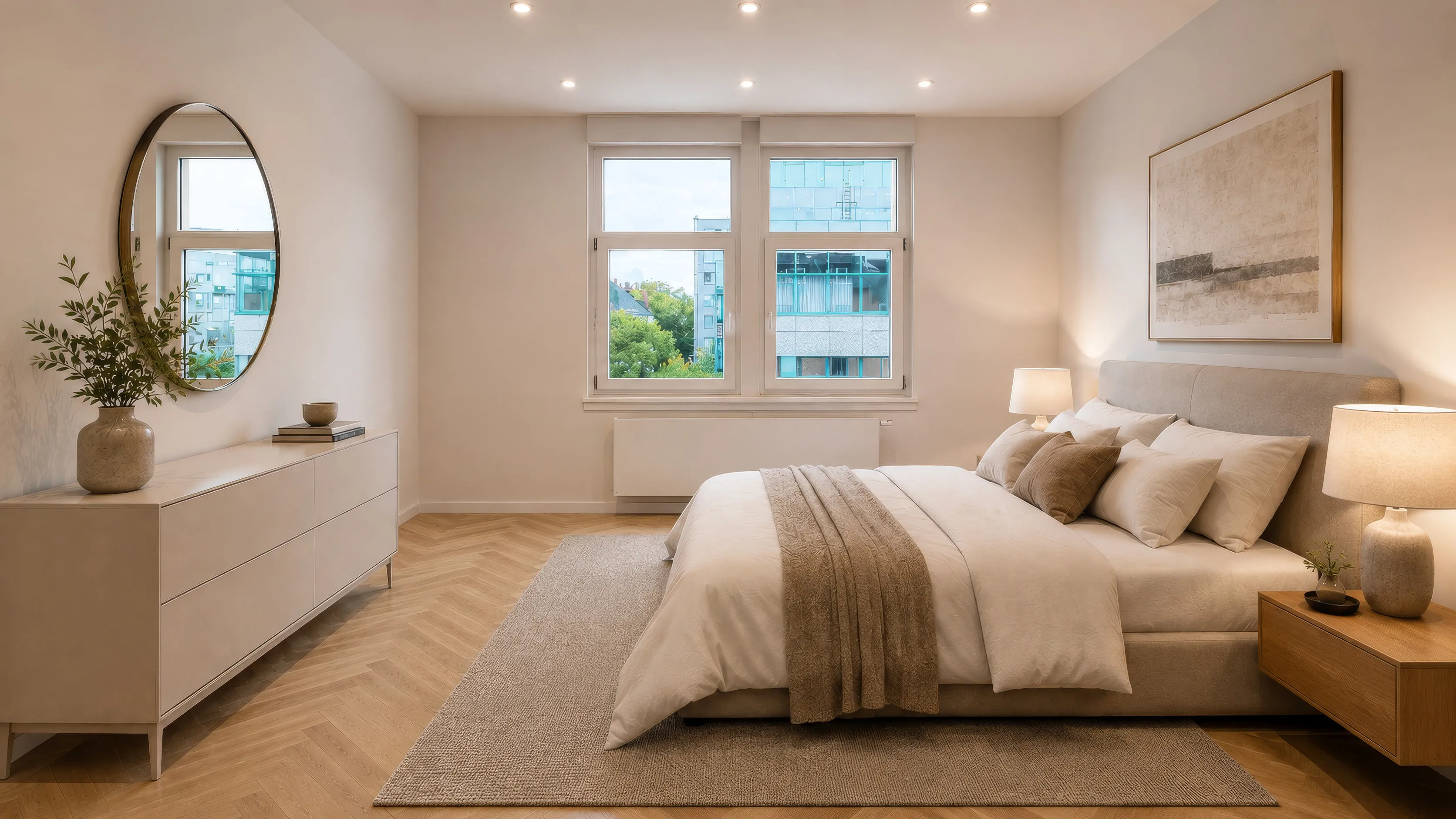 Schlafzimmer im Projekt WEST 27: Doppelbett mit hellem Polsterkopfteil und beiger Decke, rechts und links Nachttische mit Tischleuchten, darüber ein gerahmtes Bild; links eine helle Kommode mit rundem Spiegel darüber, drei Fenster mit Blick ins Grüne, Teppich auf Fischgrätparkett.