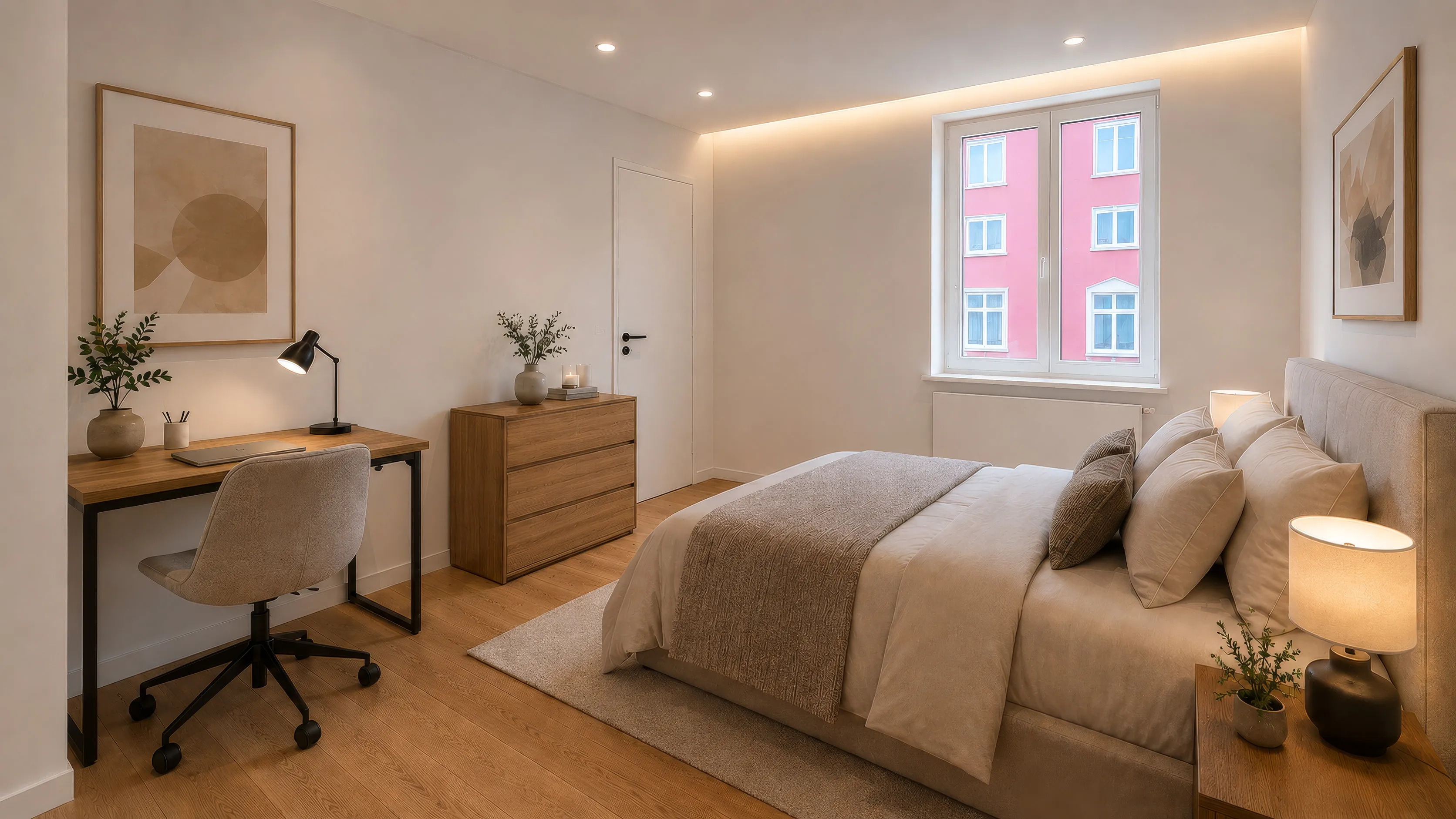 Schlafzimmer im Projekt N°36 mit Arbeitsplatz: links ein Schreibtisch aus hellem Holz mit Bürostuhl und schwarzer Klemmleuchte, daneben eine Kommode; rechts das Doppelbett mit beiger Tagesdecke und ein Nachttisch mit Tischleuchte, dazwischen das Fenster, an beiden Wänden gerahmte Bilder, heller Teppich auf Dielenboden.