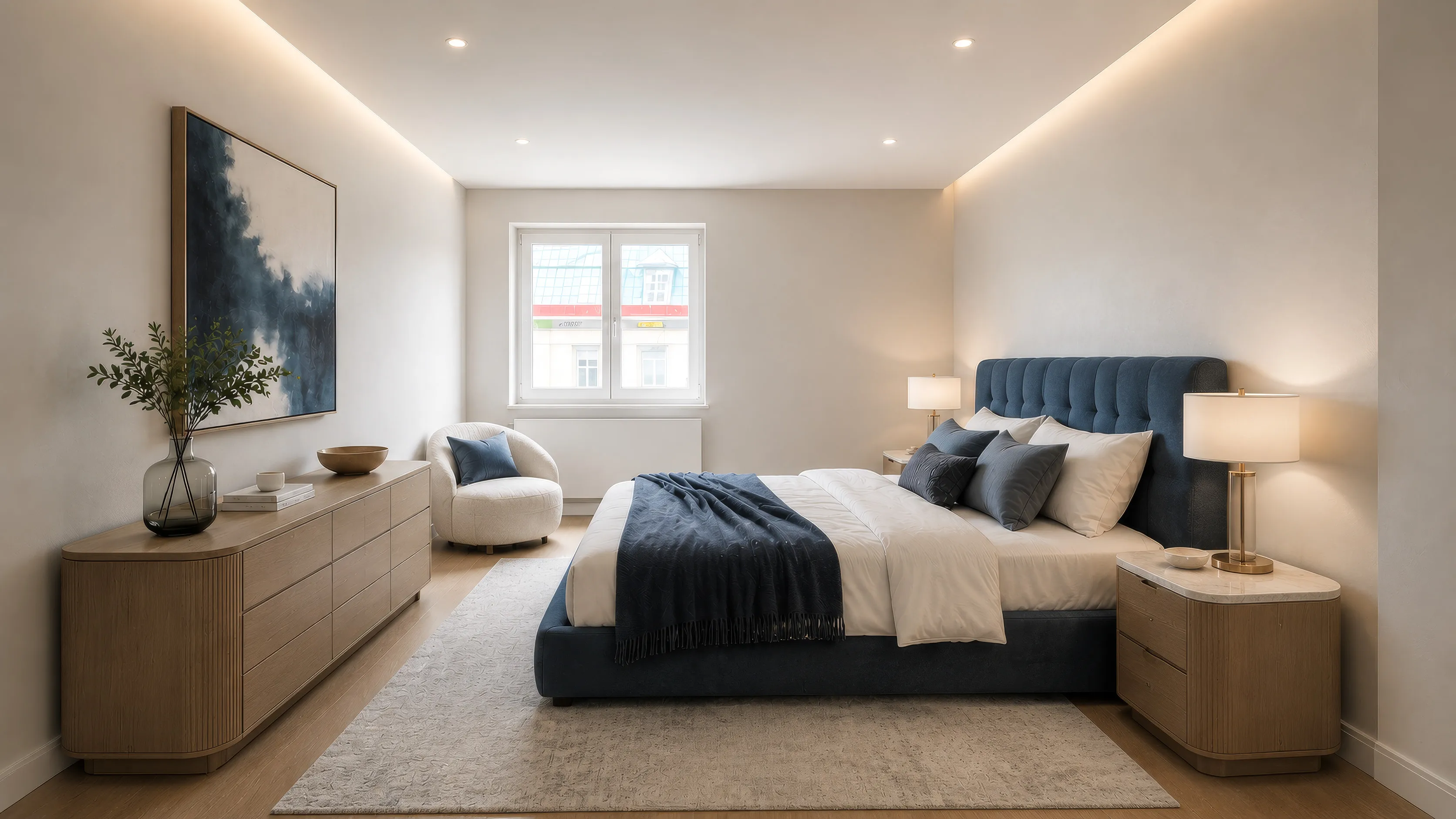 Schlafzimmer im Projekt CORNER 36: Doppelbett mit dunkelblauem Polsterkopfteil, hellen Kissen und dunkelblauer Tagesdecke, rechts und links Nachttische mit Tischleuchten; an der linken Wand eine lange helle Kommode mit großformatigem Bild darüber, davor ein heller Rundsessel am Fenster, heller Teppich auf Dielenboden, indirekte Deckenbeleuchtung.