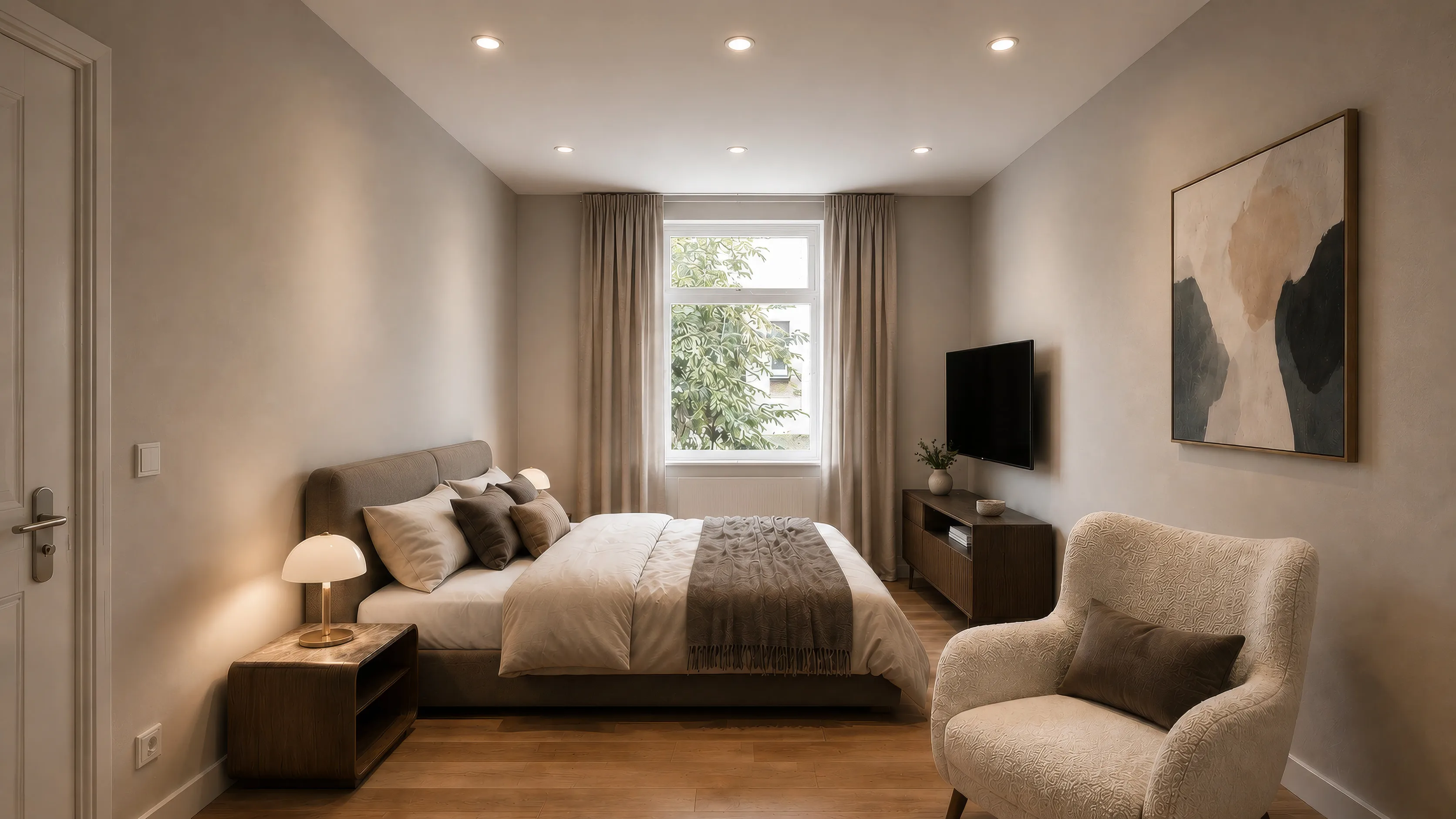 Schlafzimmer im Projekt HERITAGE 27: Doppelbett mit hellem Kopfteil und heller Bettwäsche, links ein Nachttisch mit Pilzleuchte; rechts ein dunkles Lowboard mit Fernseher, daneben ein heller Polstersessel und ein großformatiges Bild an der Wand, am Fenster lange Vorhänge mit Blick ins Grüne, Dielenboden in Eichenoptik.