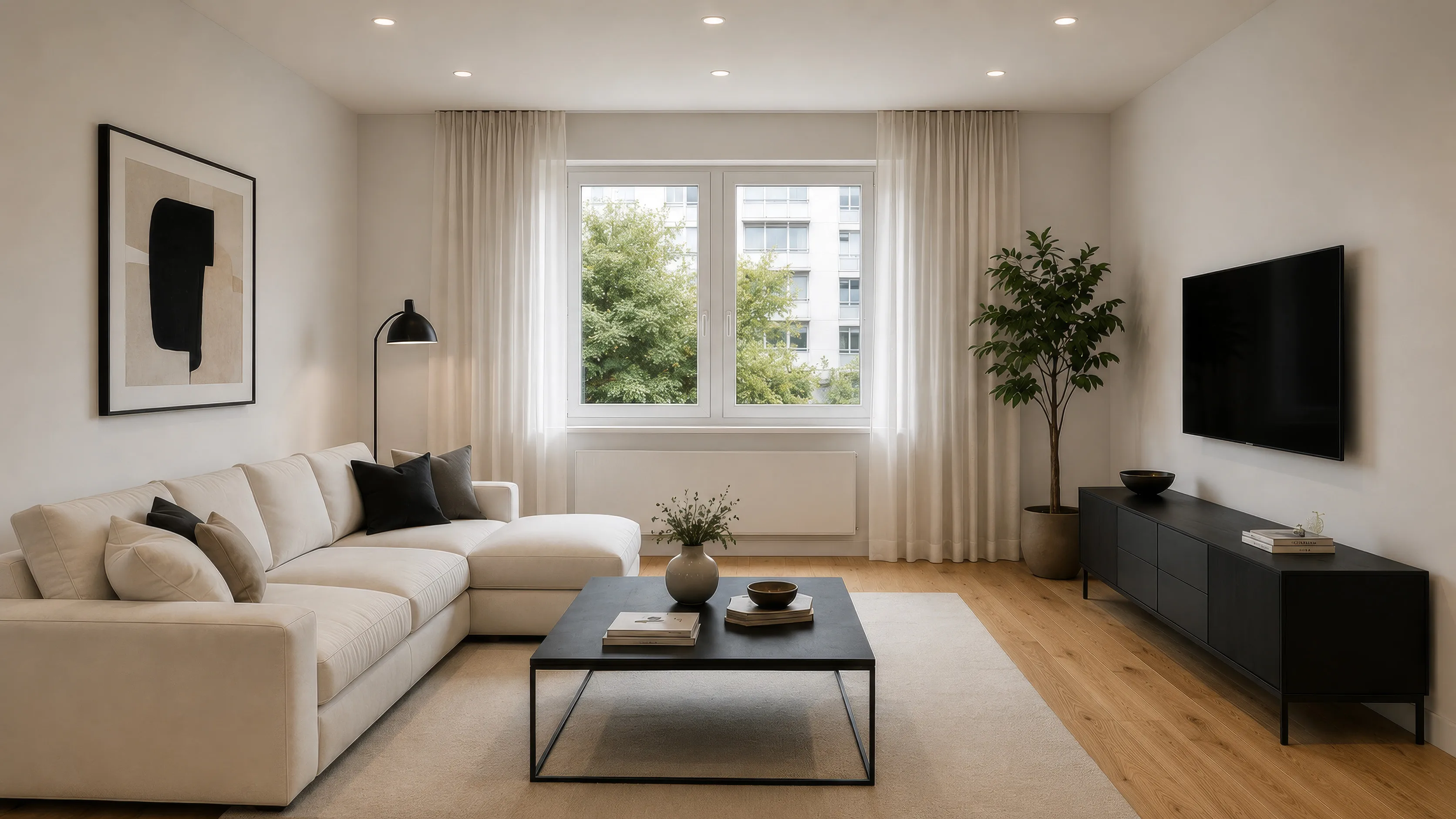 Wohnzimmer einer Wohnung im Projekt HERITAGE 27: helles Ecksofa mit dunklen Kissen vor einer weißen Wand mit großformatigem Bild in Schwarz und Beige, davor ein niedriger schwarzer Couchtisch auf hellem Teppich; rechts ein dunkles Sideboard mit großem Fernseher darüber und ein Zimmerbaum im Topf, in der Mitte ein Fenster mit langen Vorhängen und Blick ins Grüne, Dielenboden in Eichenoptik.