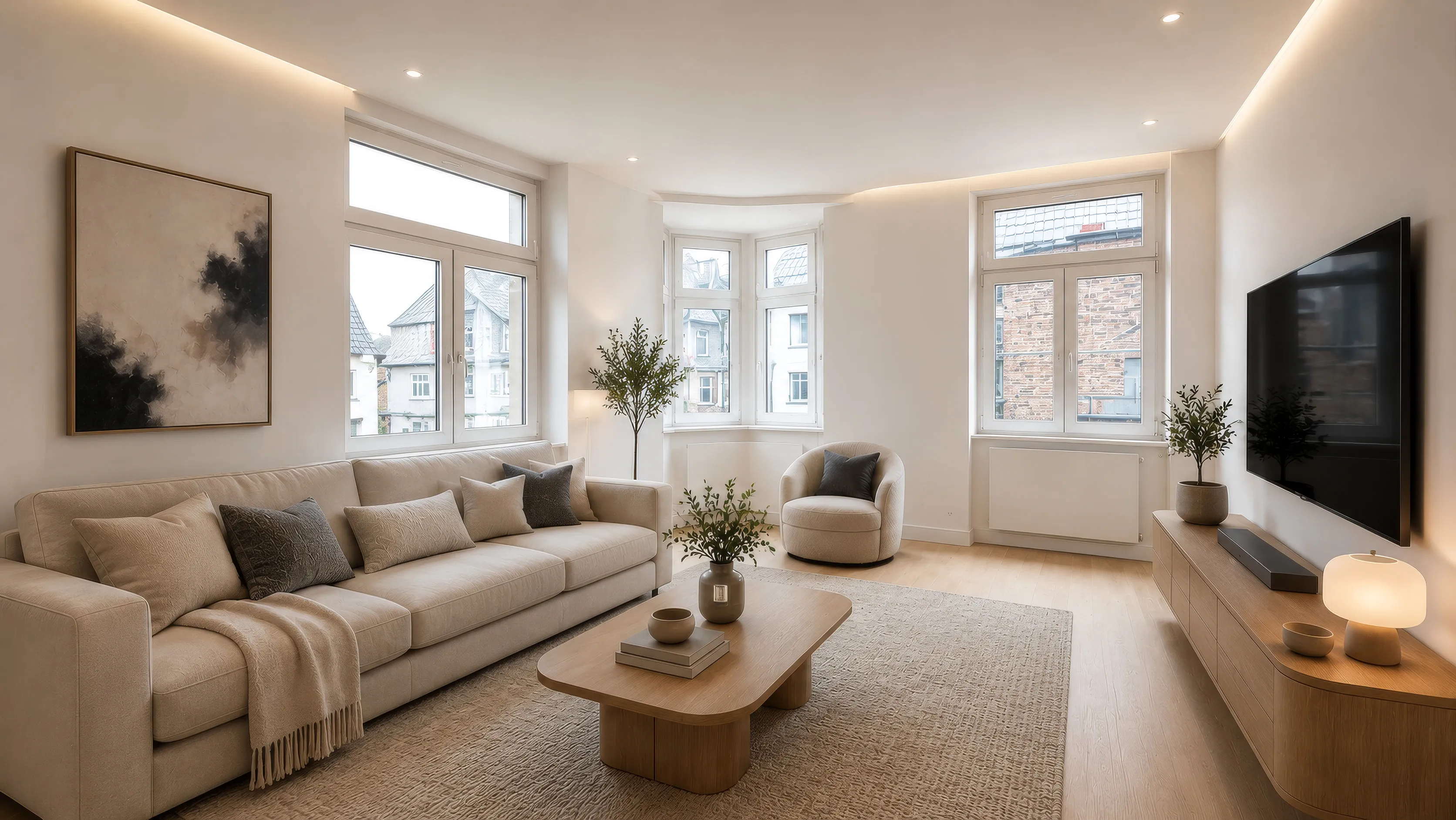 Wohnzimmer einer Wohnung im Projekt CORNER 36: langes helles Sofa mit Kissen in Beige und Grau vor einer weißen Wand mit großformatigem Bild, davor ein ovaler Couchtisch aus hellem Holz auf einem Juteteppich; im Hintergrund ein Erker mit drei Fenstern und ein heller Rundsessel, rechts ein Sideboard mit Fernseher darüber, Dielenboden in Eichenoptik.