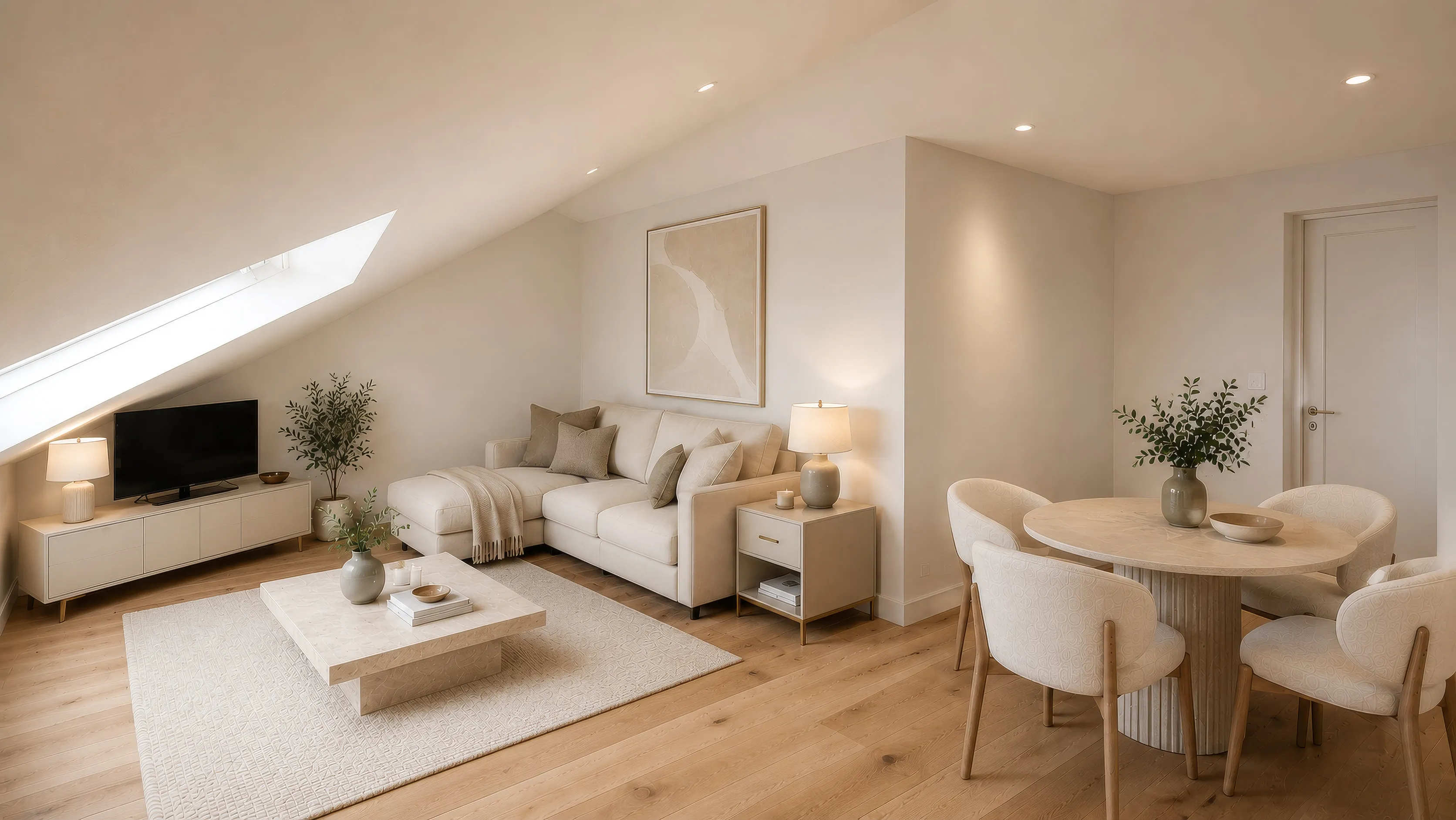 Wohnzimmer einer Wohnung im Projekt GREEN FOUR unter der Dachschräge: helles Sofa mit Kissen in Creme und Beige vor einer weißen Wand, davor ein niedriger heller Couchtisch auf weißem Teppich; links ein Lowboard mit Fernseher unter einem Dachflächenfenster, rechts ein runder Esstisch aus hellem Holz mit vier Polsterstühlen, Dielenboden in Eichenoptik.