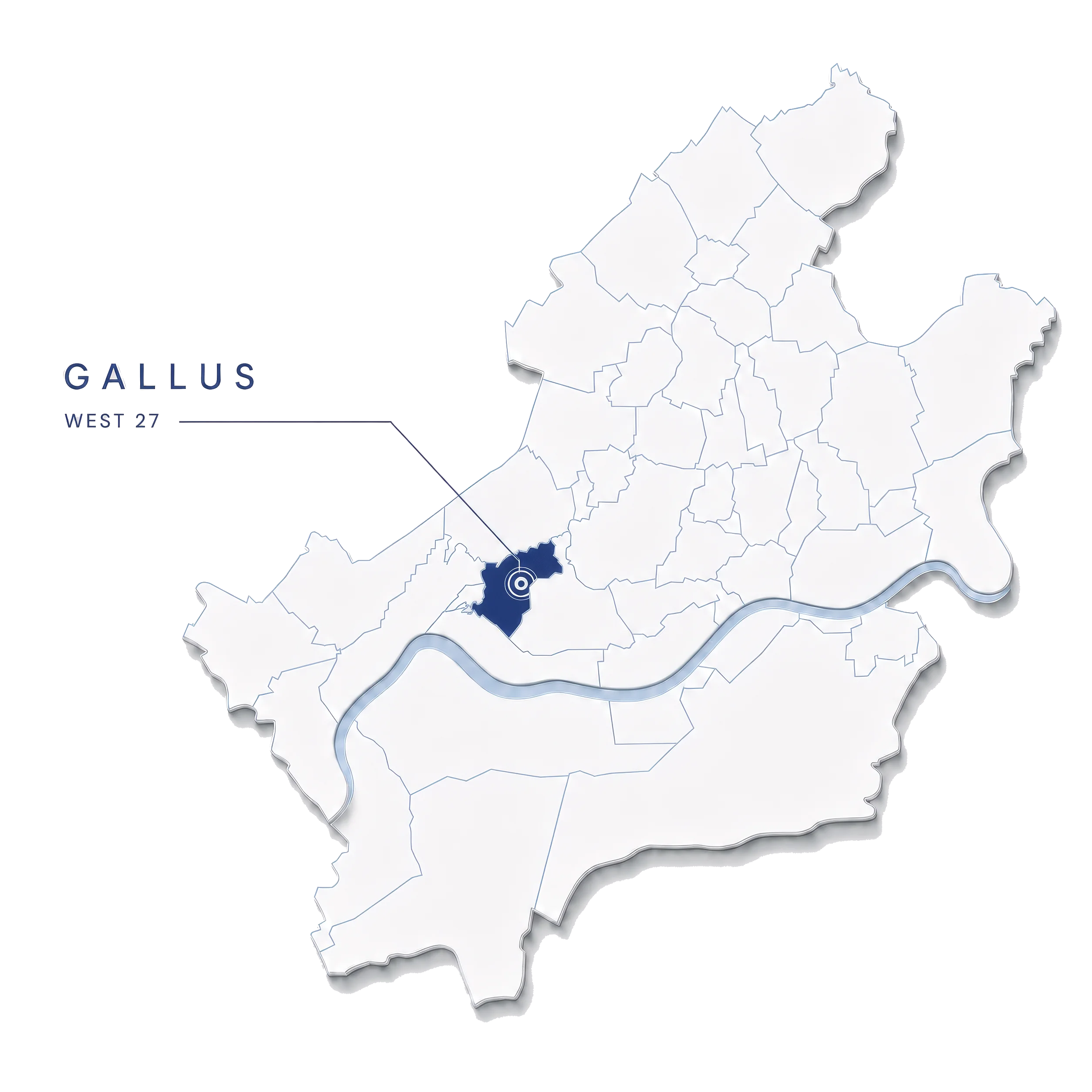 Reliefkarte der Frankfurter Stadtteile beiderseits des Mains; Gallus ist in Navy hervorgehoben und mit einem Punkt markiert. Die Beschriftung daneben lautet „GALLUS“ und darunter „WEST 27“.