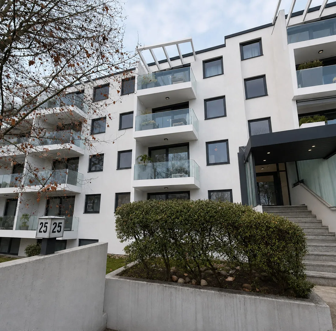 Der Eingang des Projekts SOUTH25 von der Straße: weiße Fassade mit geschosshohen Fenstern und Balkonen mit Glasbrüstung, davor eine Freitreppe, ein geschnittener Heckenkörper und die Hausnummer 25.